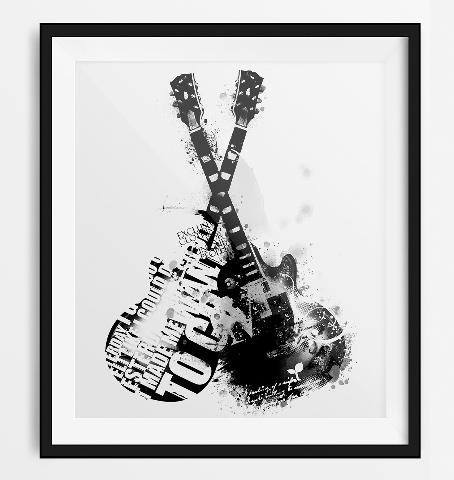 A black and white painting of two guitars with the word rock on them.