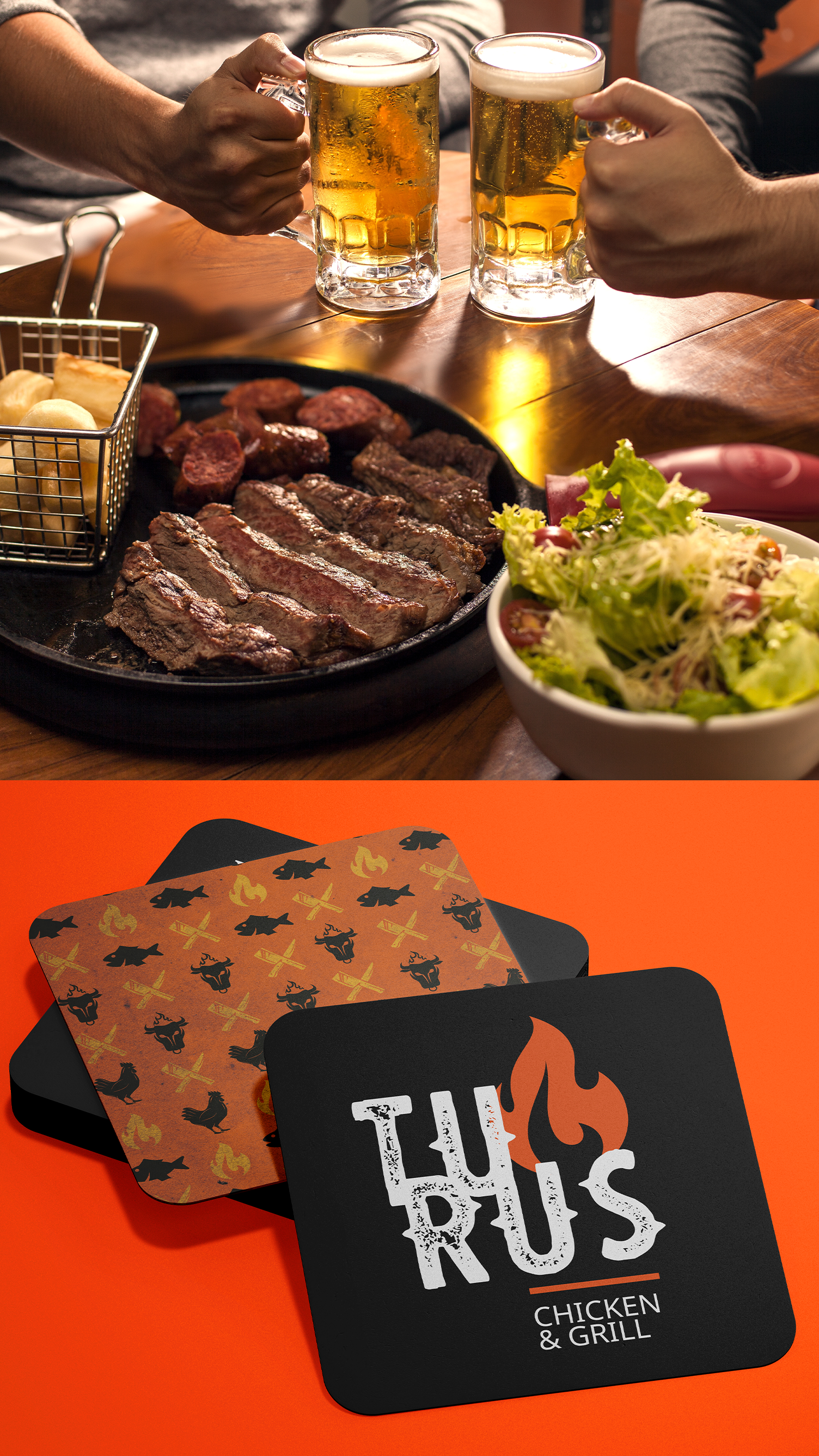 Turus Algumas pessoas estão sentadas à mesa comendo e bebendo cerveja.