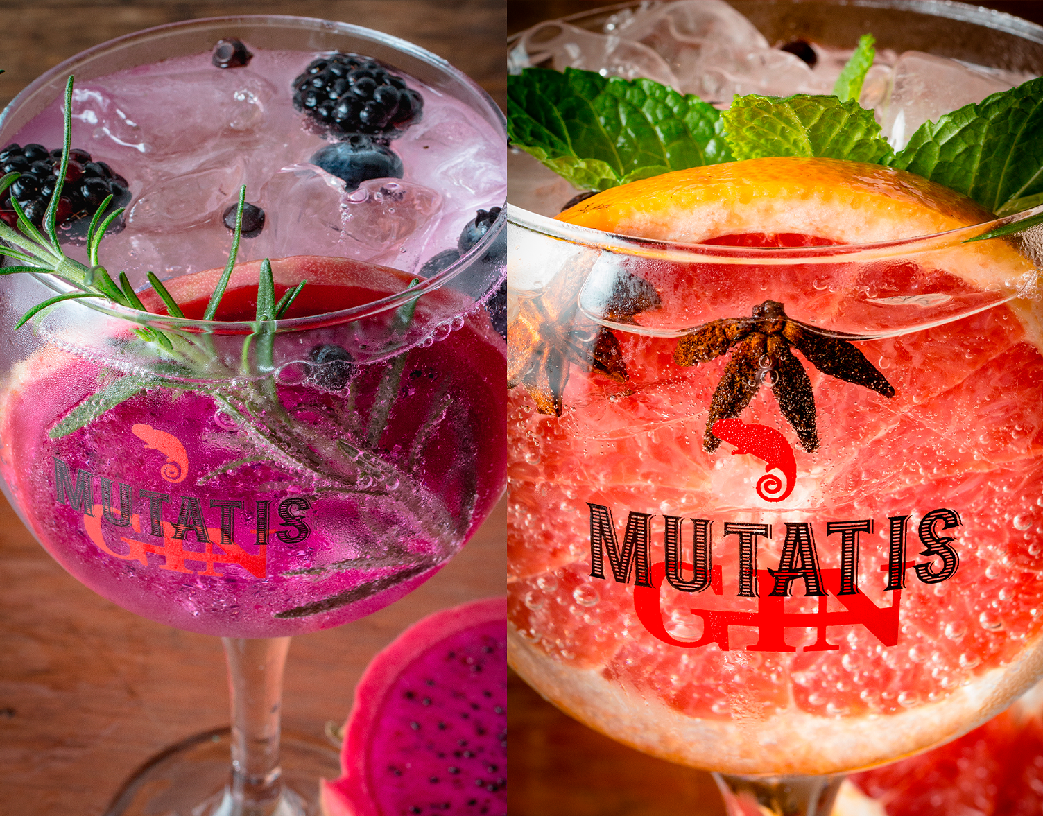Dois copos de bebidas de cores diferentes com a palavra mutatis
