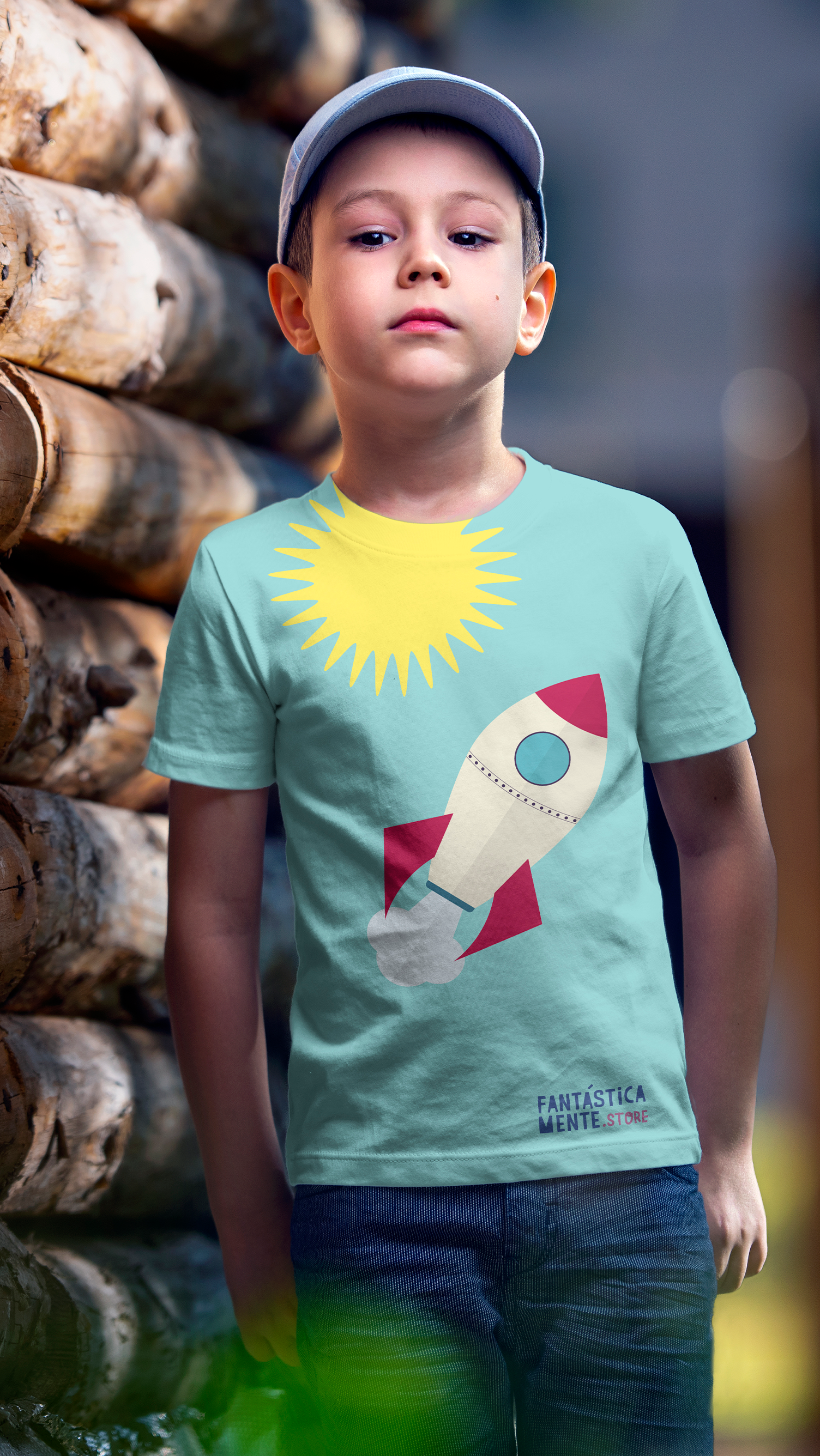 Um menino vestindo uma camiseta com um foguete está parado na frente de uma pilha de toras.