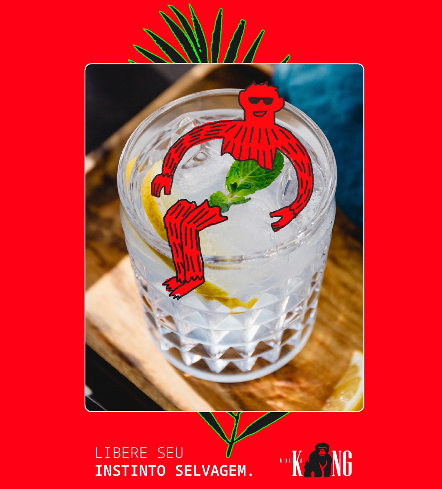 KONG Vodka Um copo de água com um macaco saindo dele