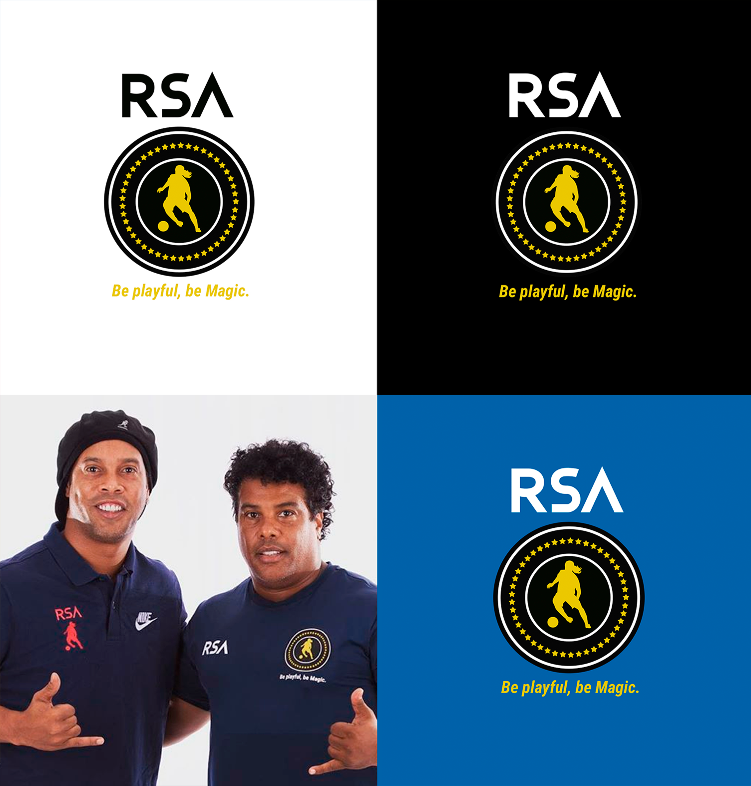Ronaldinho Soccer Academy Dois homens estão próximos um do outro em frente a um logotipo da RSA