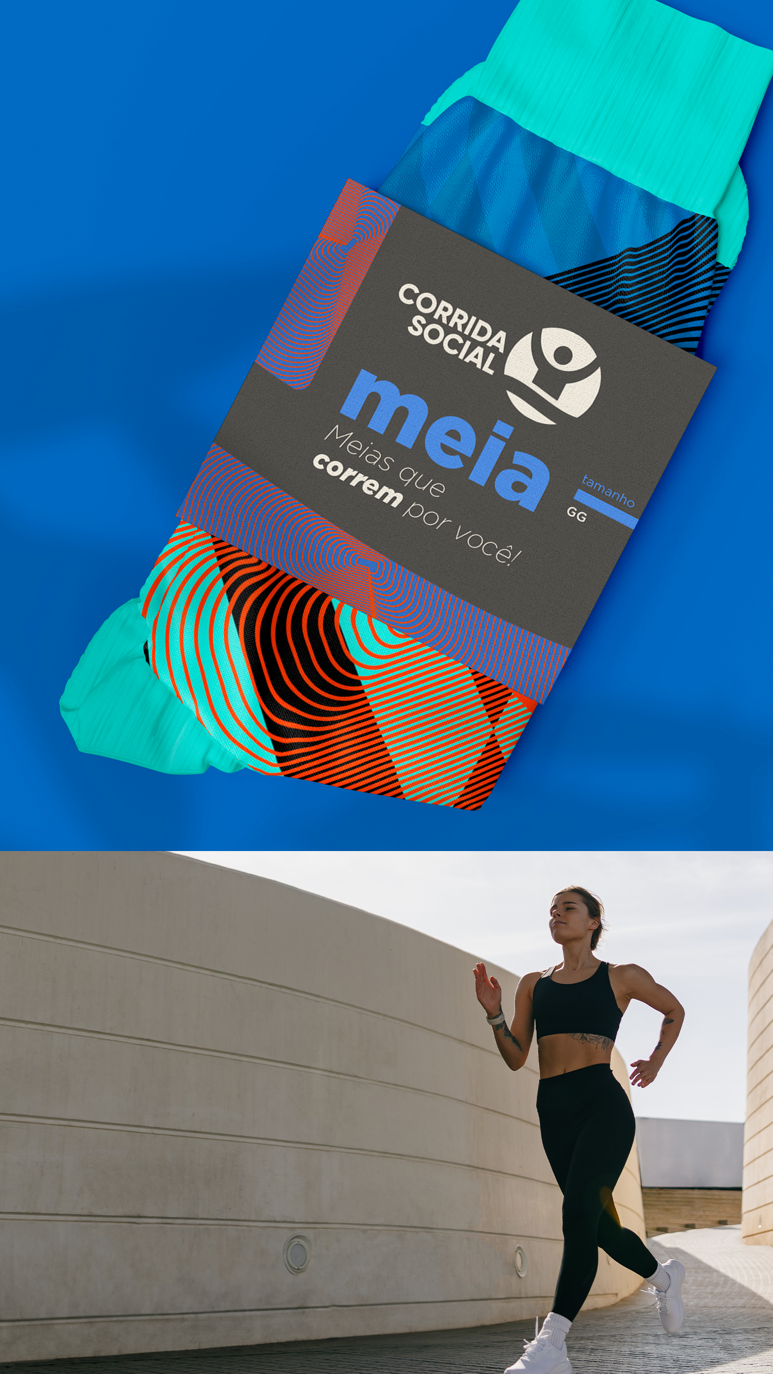 Corrida Social Uma mulher está correndo ao lado de uma caixa de meias.