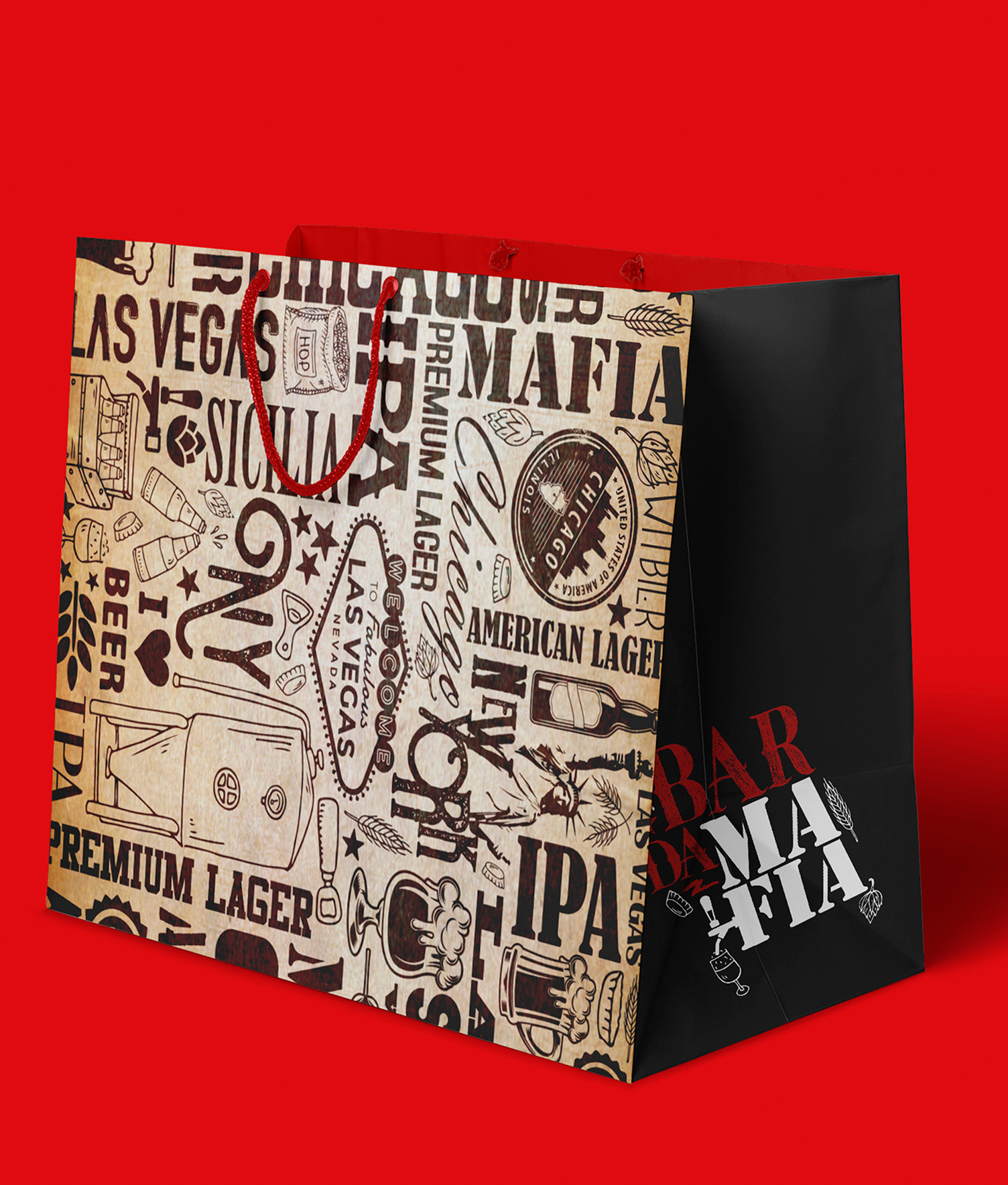 BAR DA MAFIA Uma bolsa preta e branca com uma alça vermelha em um fundo vermelho.
