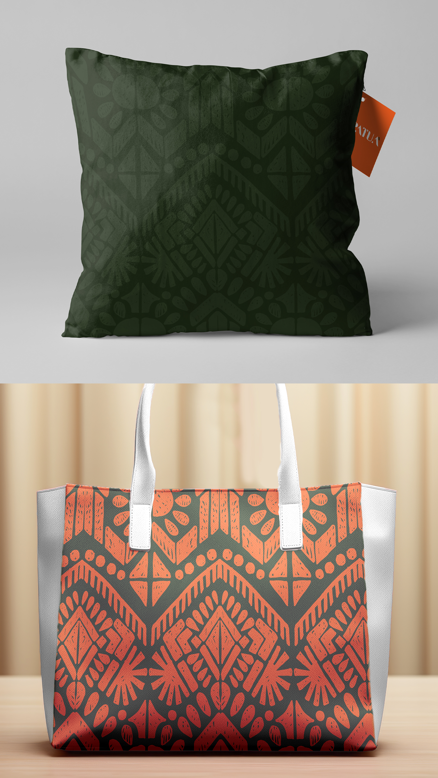 PATUÁ A pillow and a tote bag are sitting on a table.