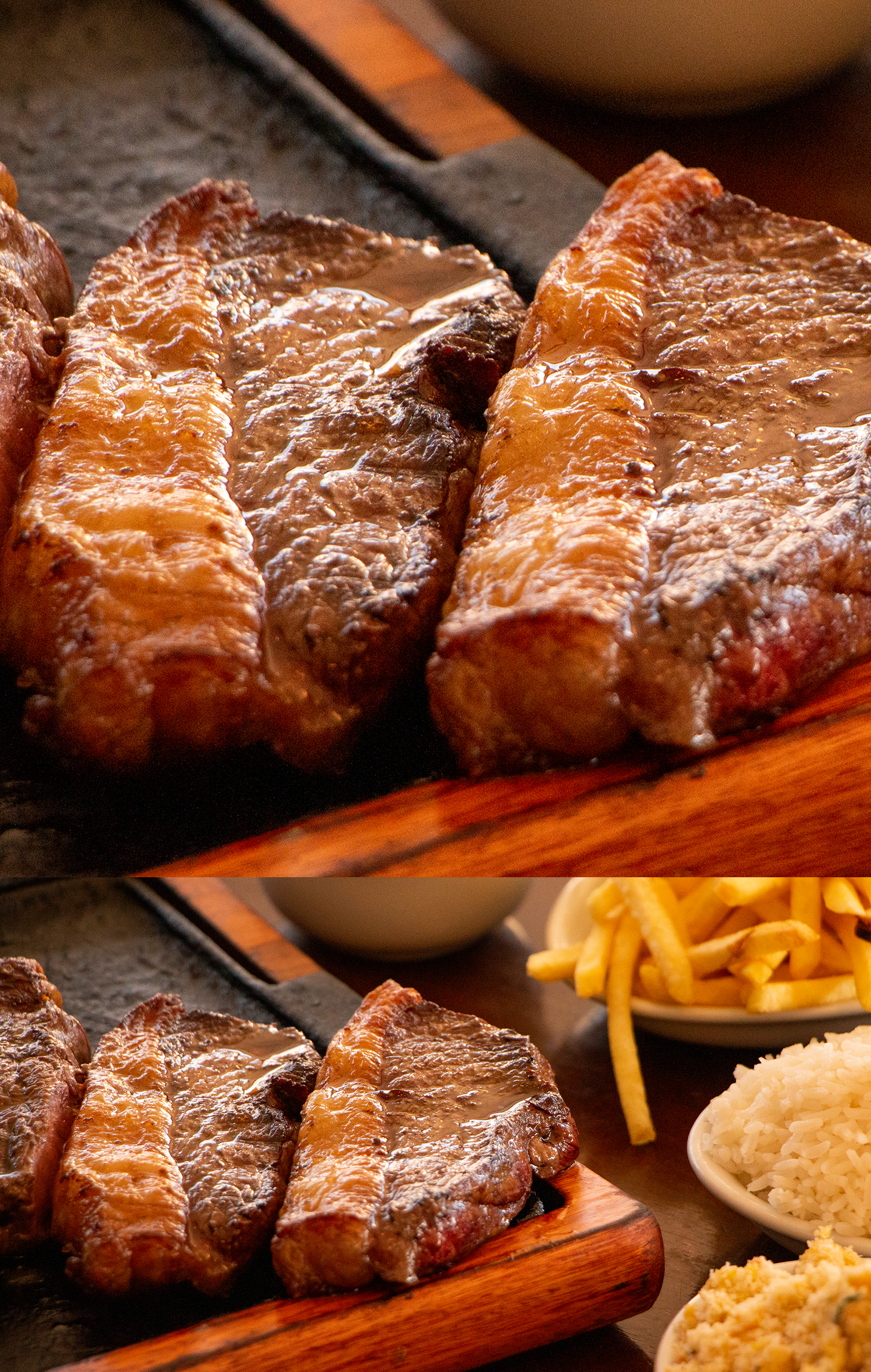 Turus Um close de um bife em uma tábua de corte de madeira sobre uma mesa.