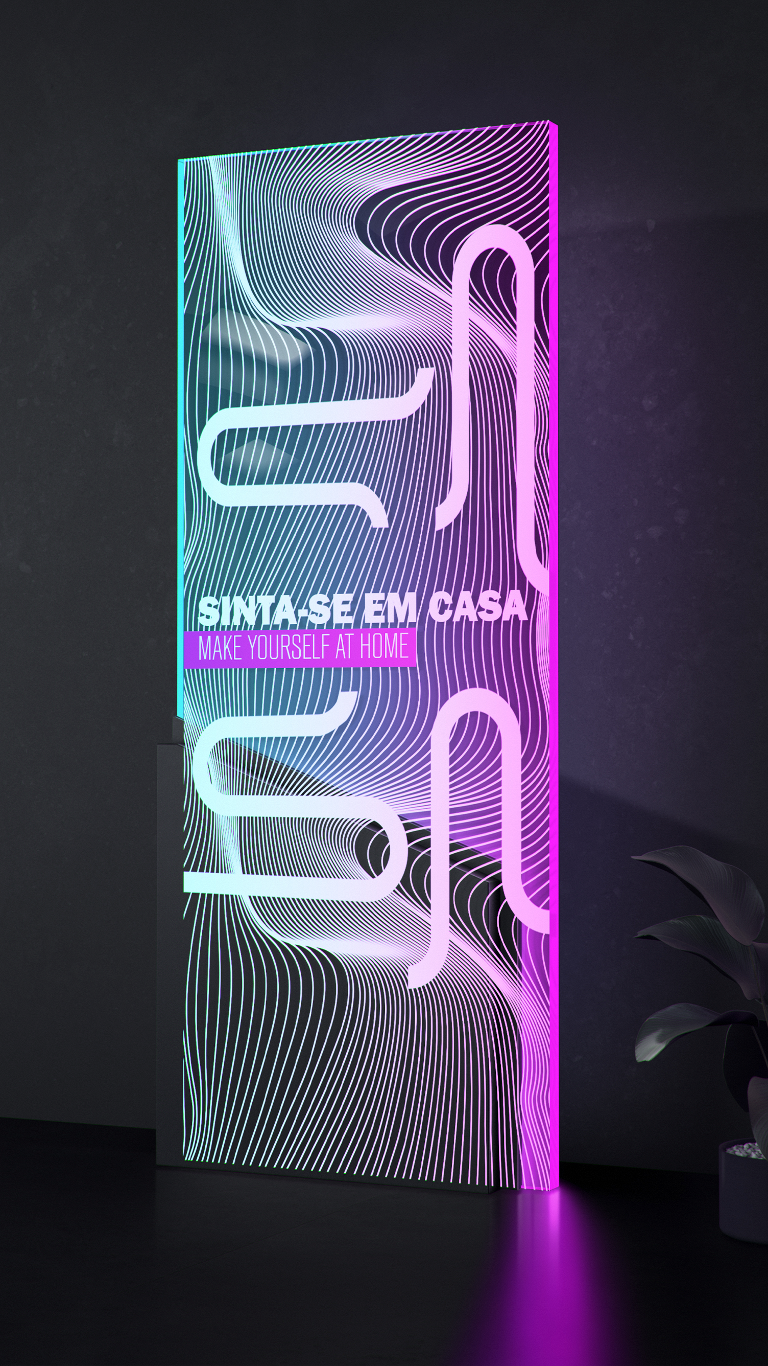 Boate Casa Um letreiro de néon está sobre uma mesa ao lado de uma planta.