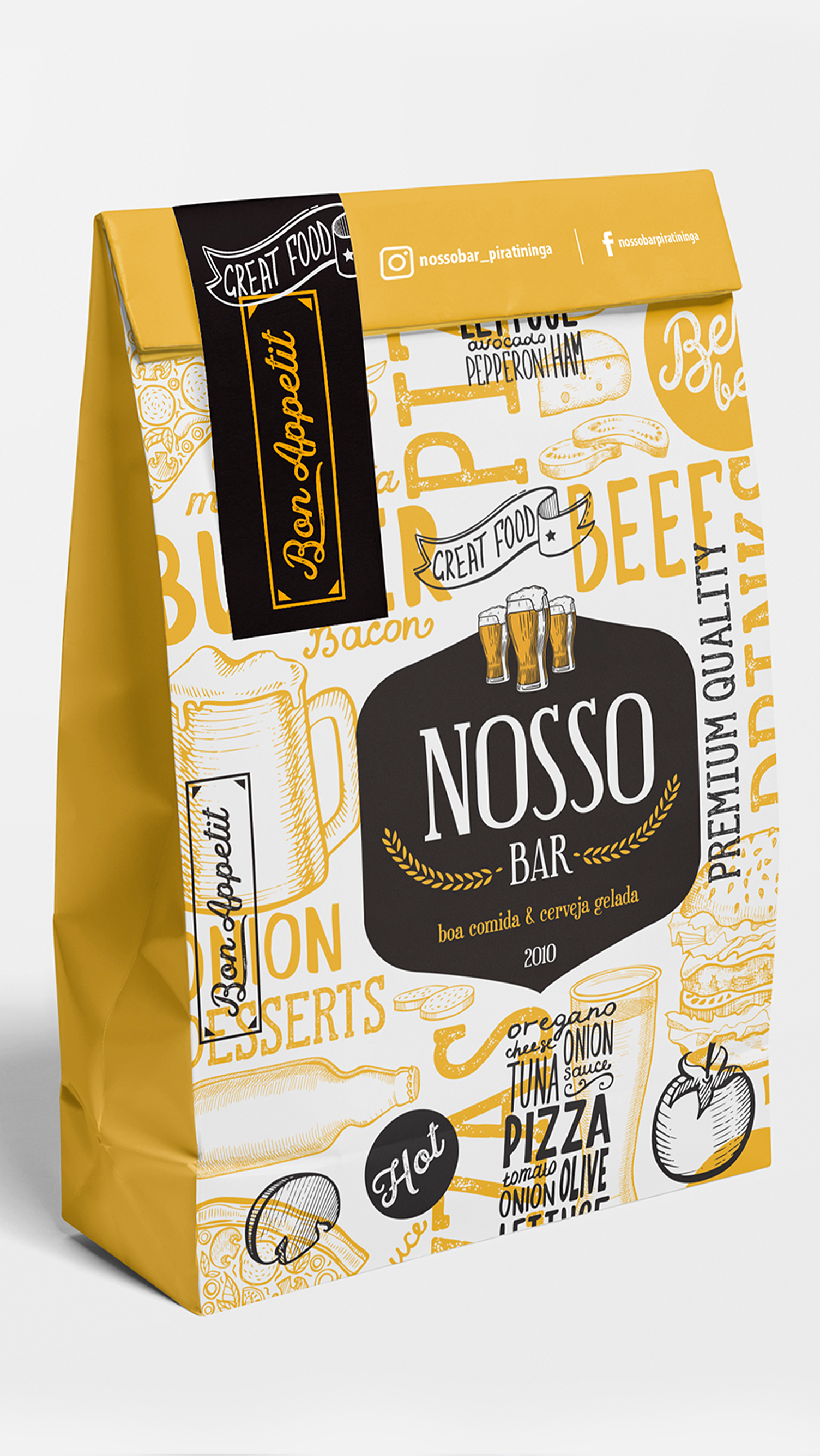 A paper bag with a picture of a hamburger on it.