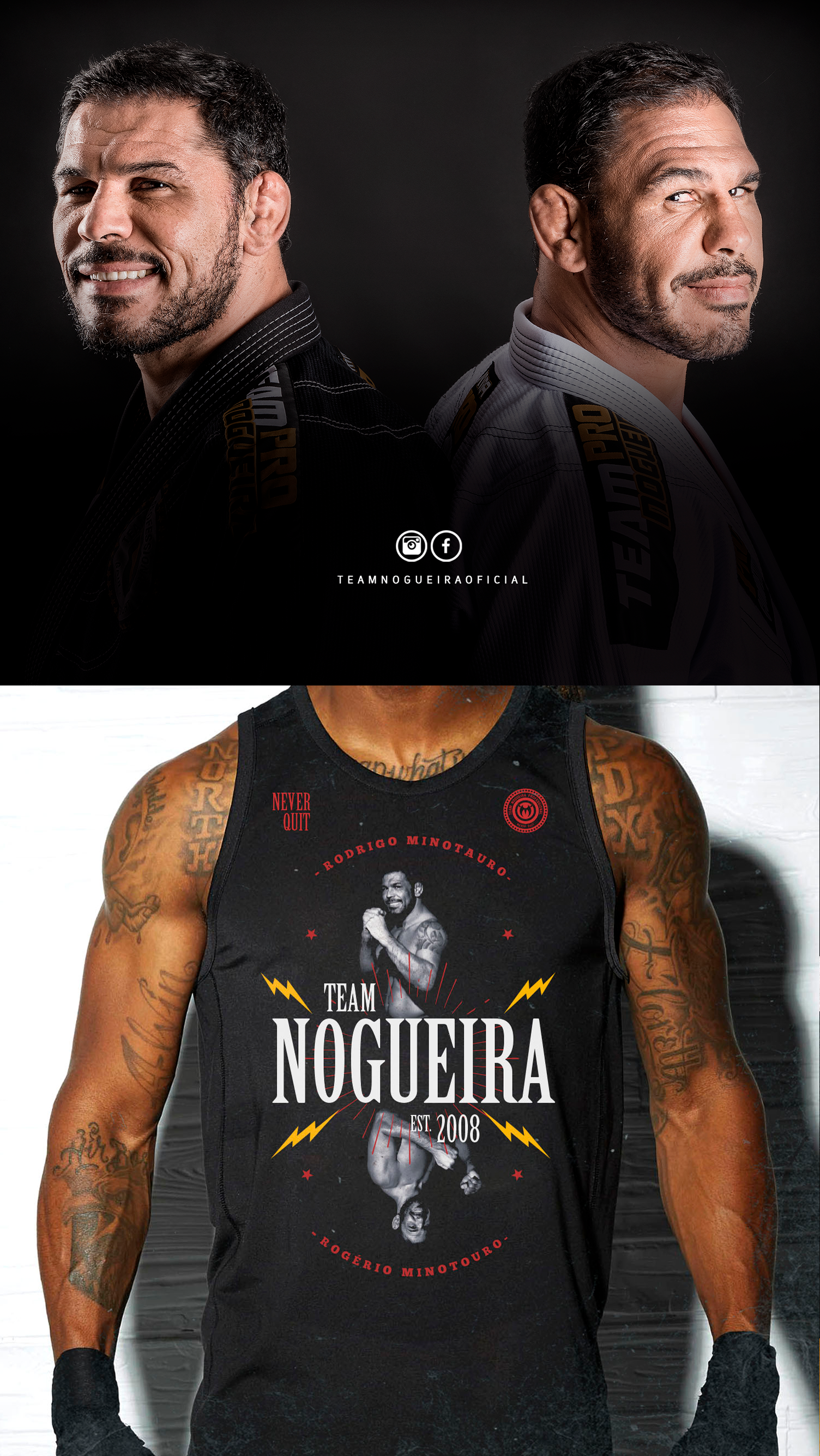 Um homem está vestindo uma regata preta com a palavra nogueira escrita nela.