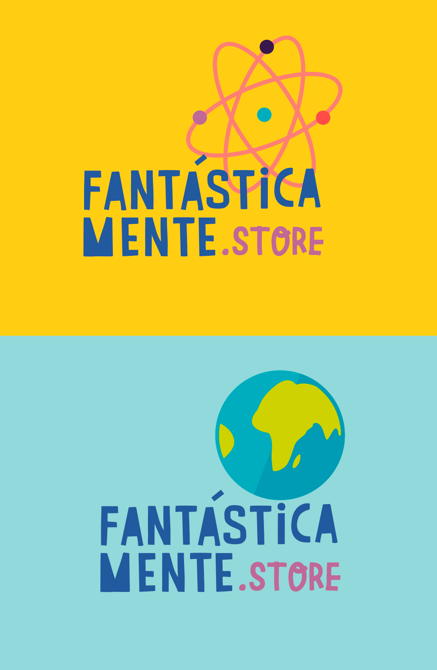 Dois logotipos da loja fantastica mente em fundo amarelo e azul