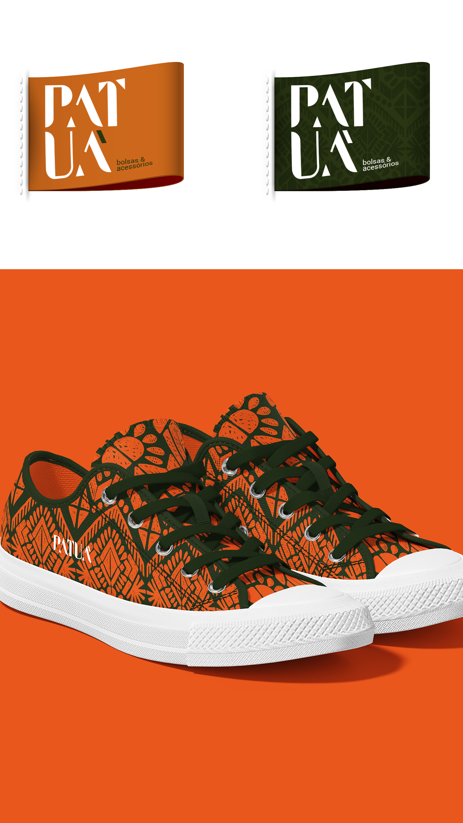 PATUÁ A pair of orange and green sneakers on an orange background.