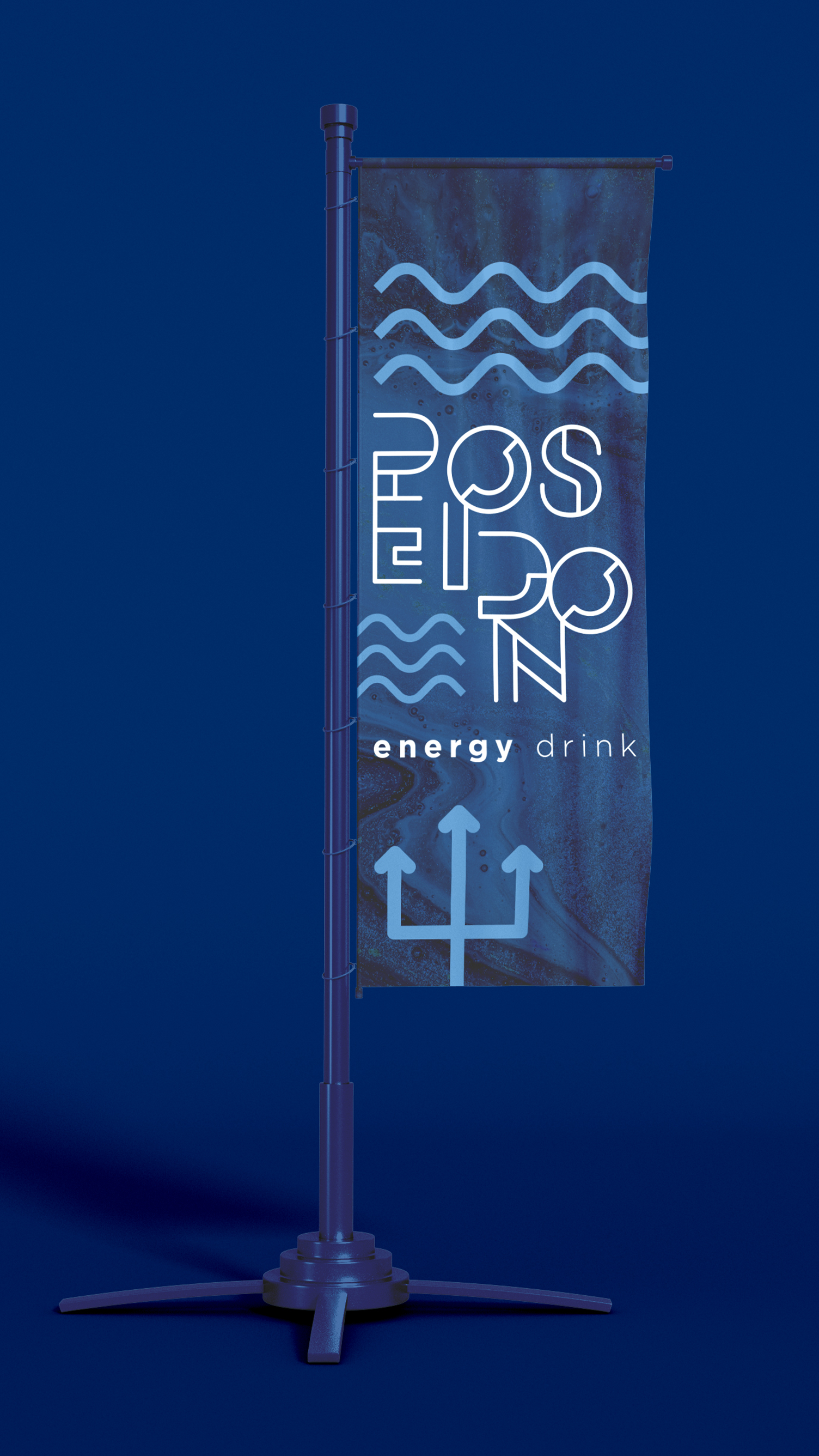 Poseidon Energy Drink A blue flag is sitting on top of a pole on a blue background.