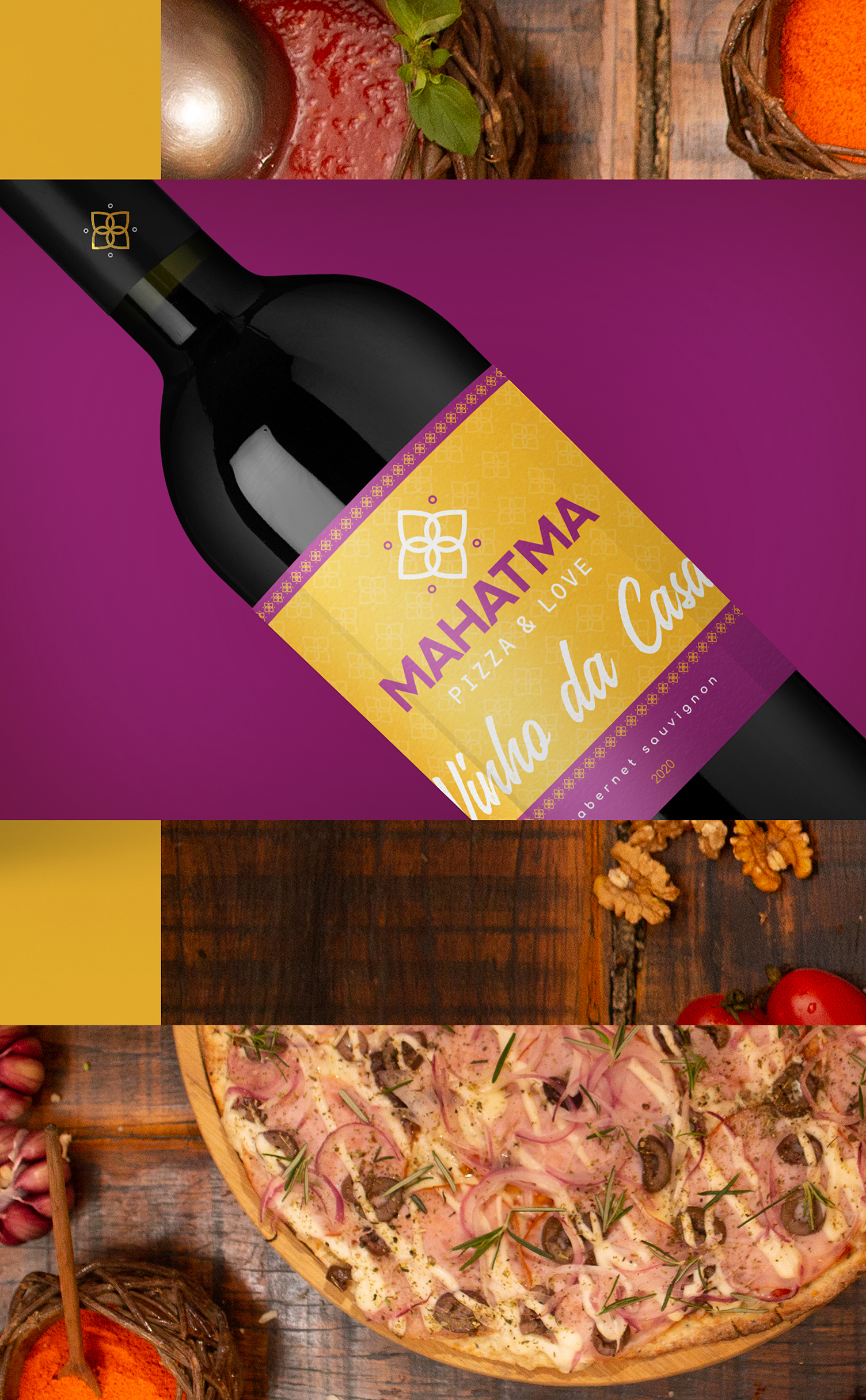 Mahatma Pizzas Uma garrafa de vinho mahatma com rótulo amarelo