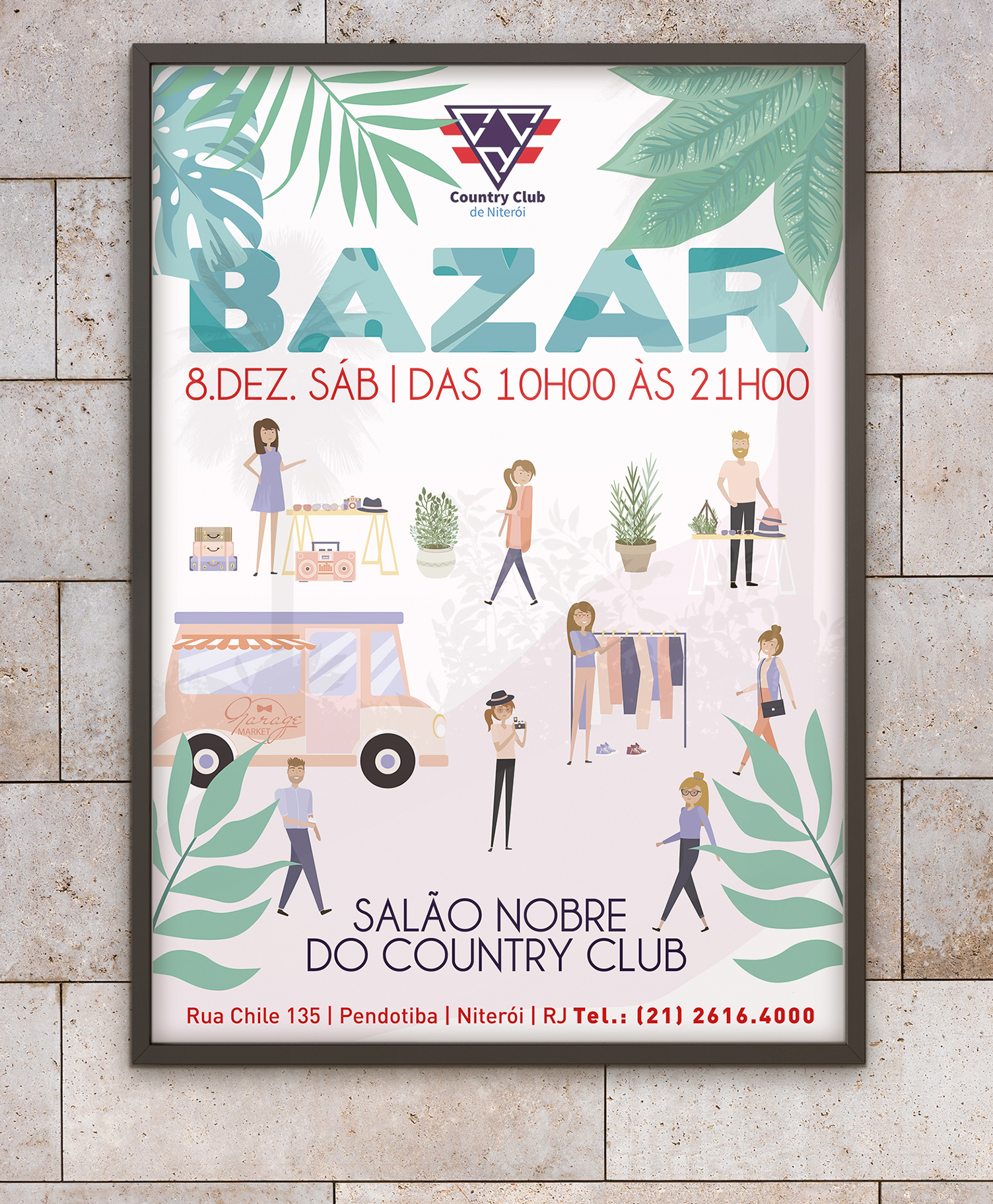 Um cartaz de um bazar está pendurado em uma parede de tijolos
