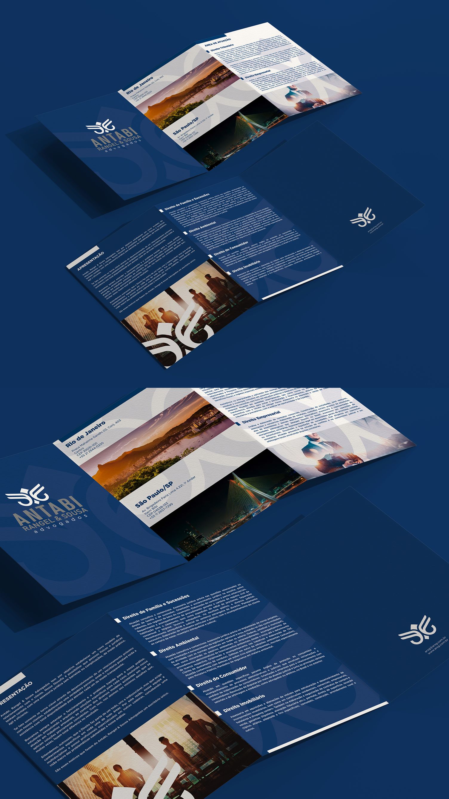 Antabi, Rangel, Sousa, & Goes Three brochures are stacked on top of each other on a blue surface.