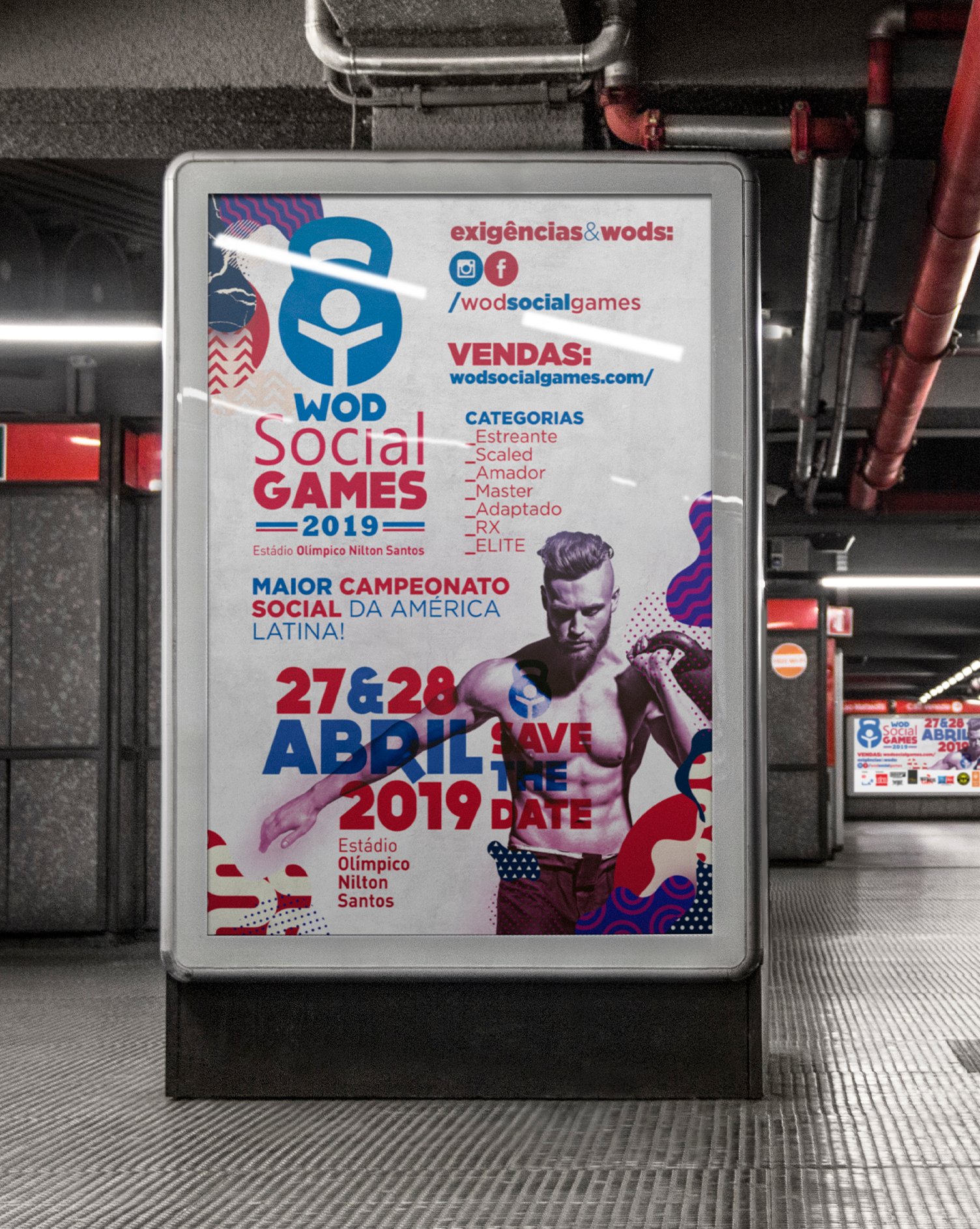 Um pôster do wod social games 2019 é exibido em uma estação de metrô