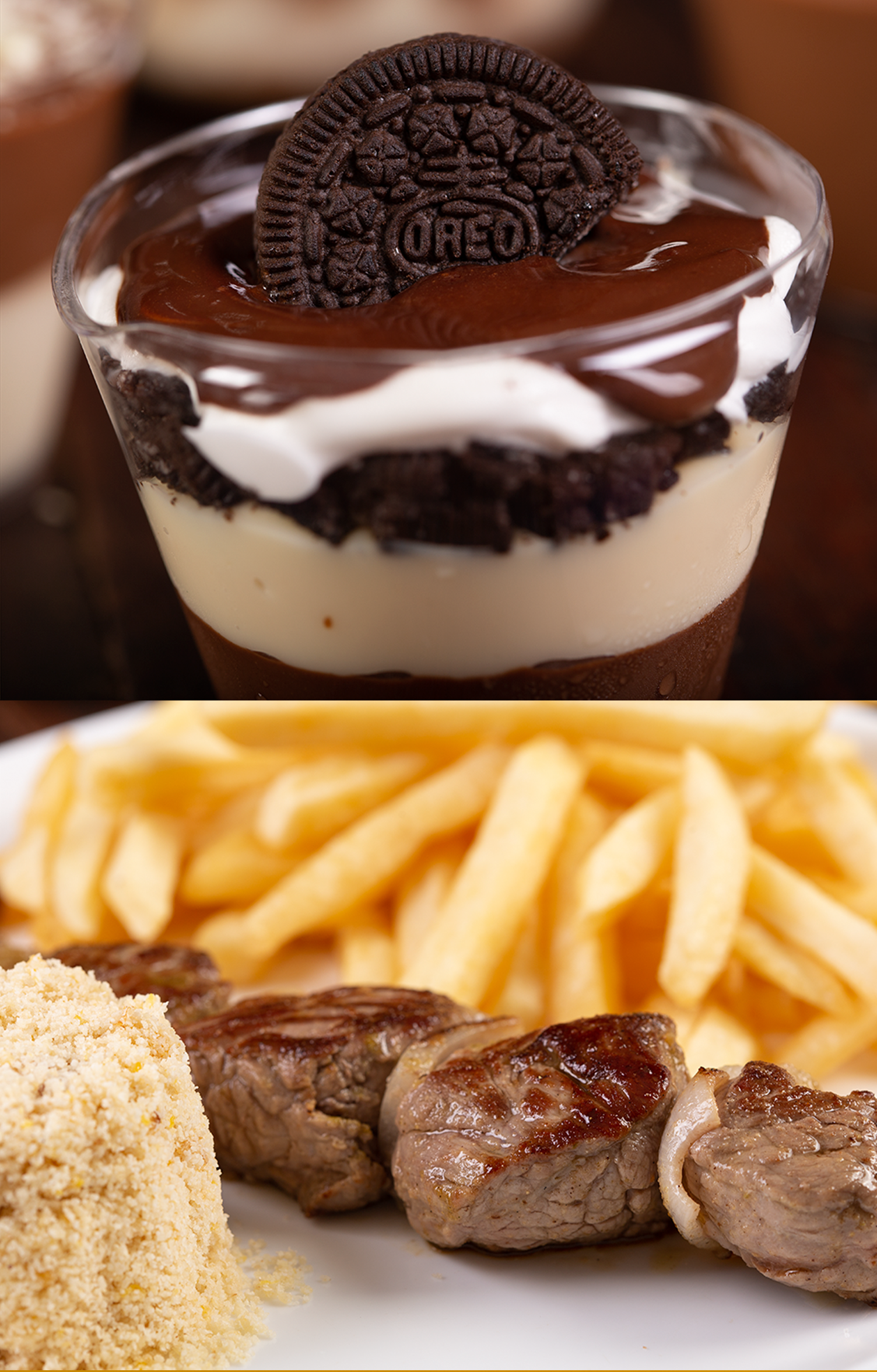 Mattinata Uma xícara de sobremesa oreo ao lado de um prato de batatas fritas