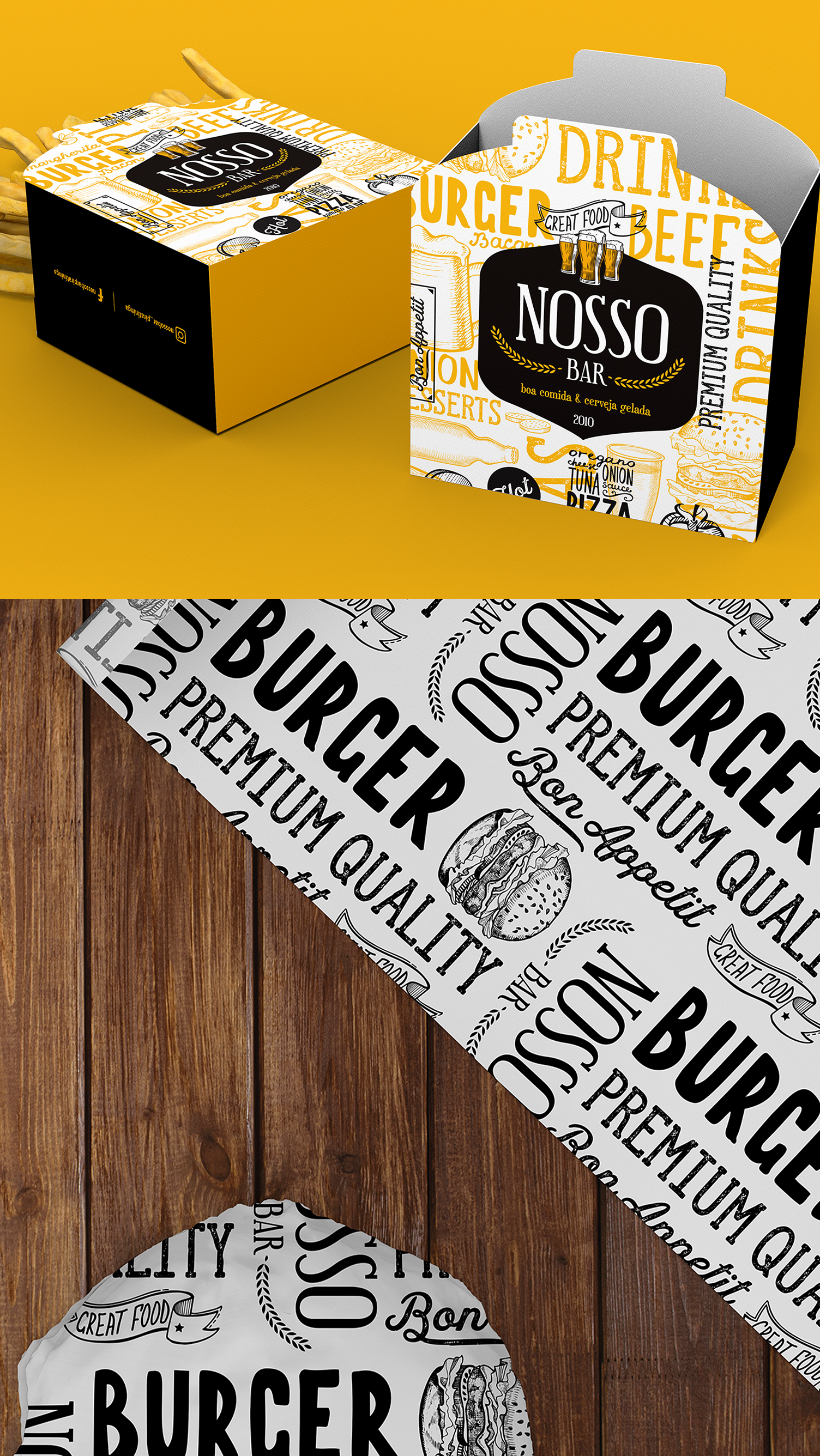 A yellow and black box with the word burger on it