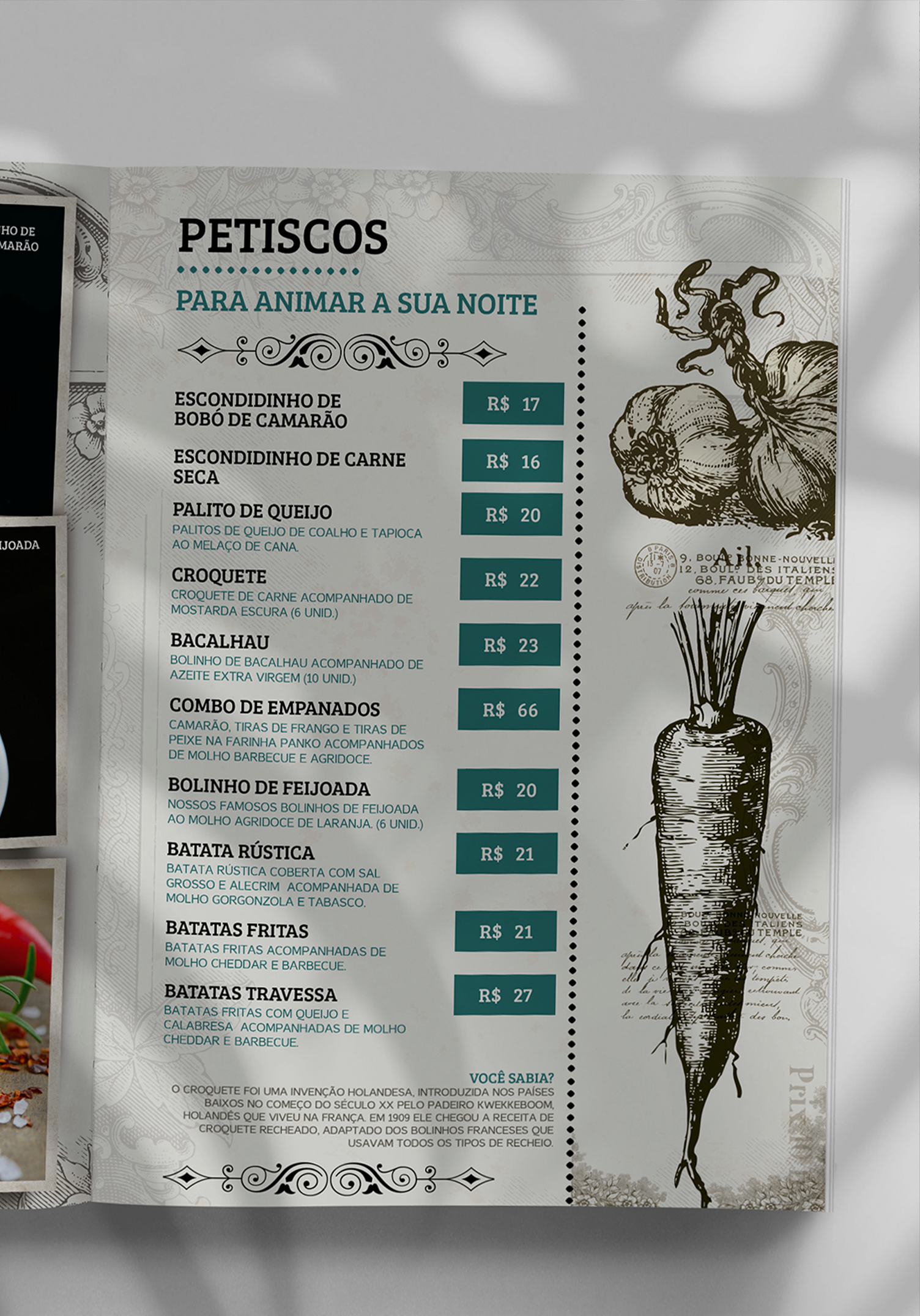 Travessa A menu for a restaurant with a picture of a carrot on it.