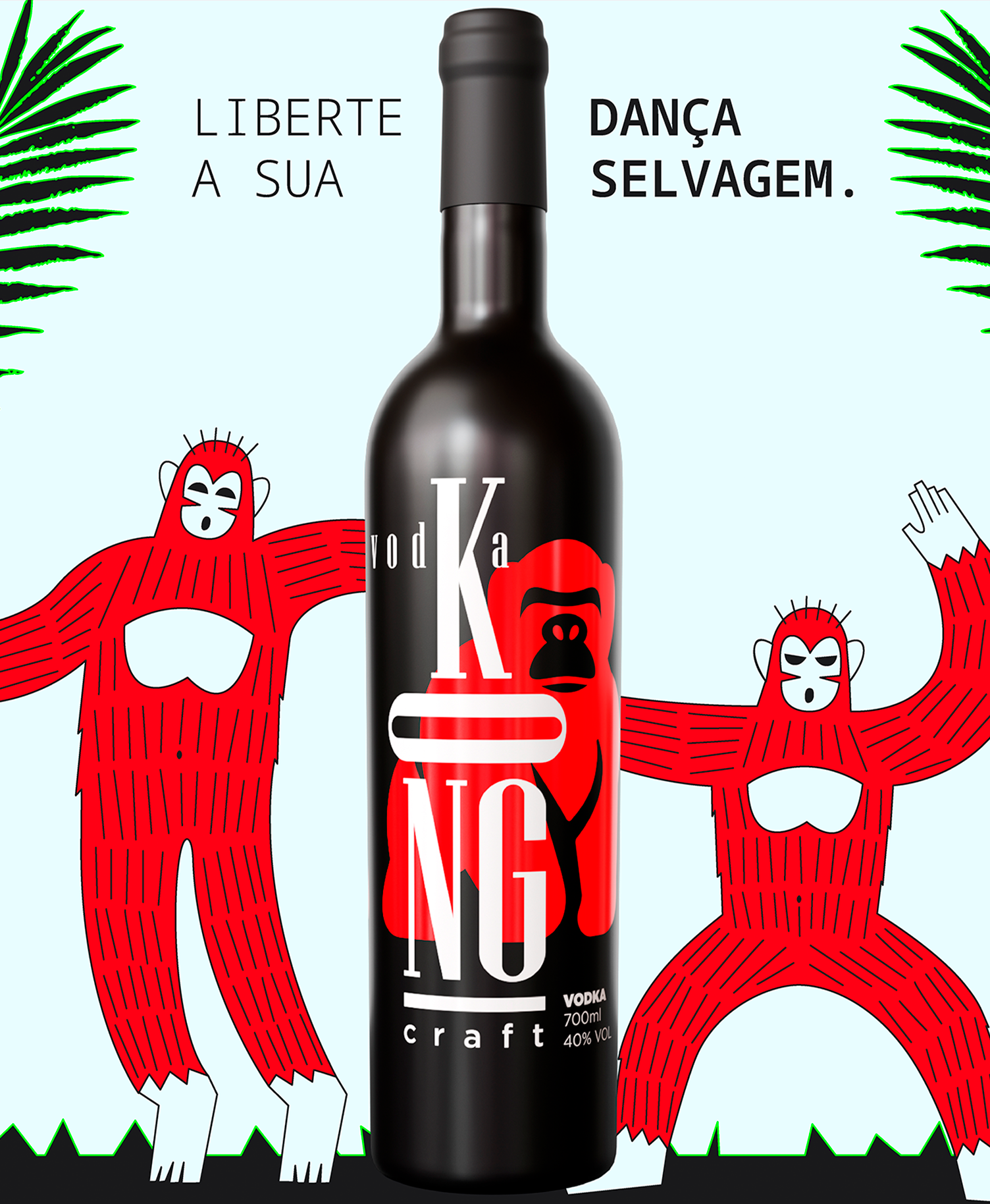 KONG Vodka Uma garrafa de vinho artesanal Kang com dois macacos vermelhos ao fundo
