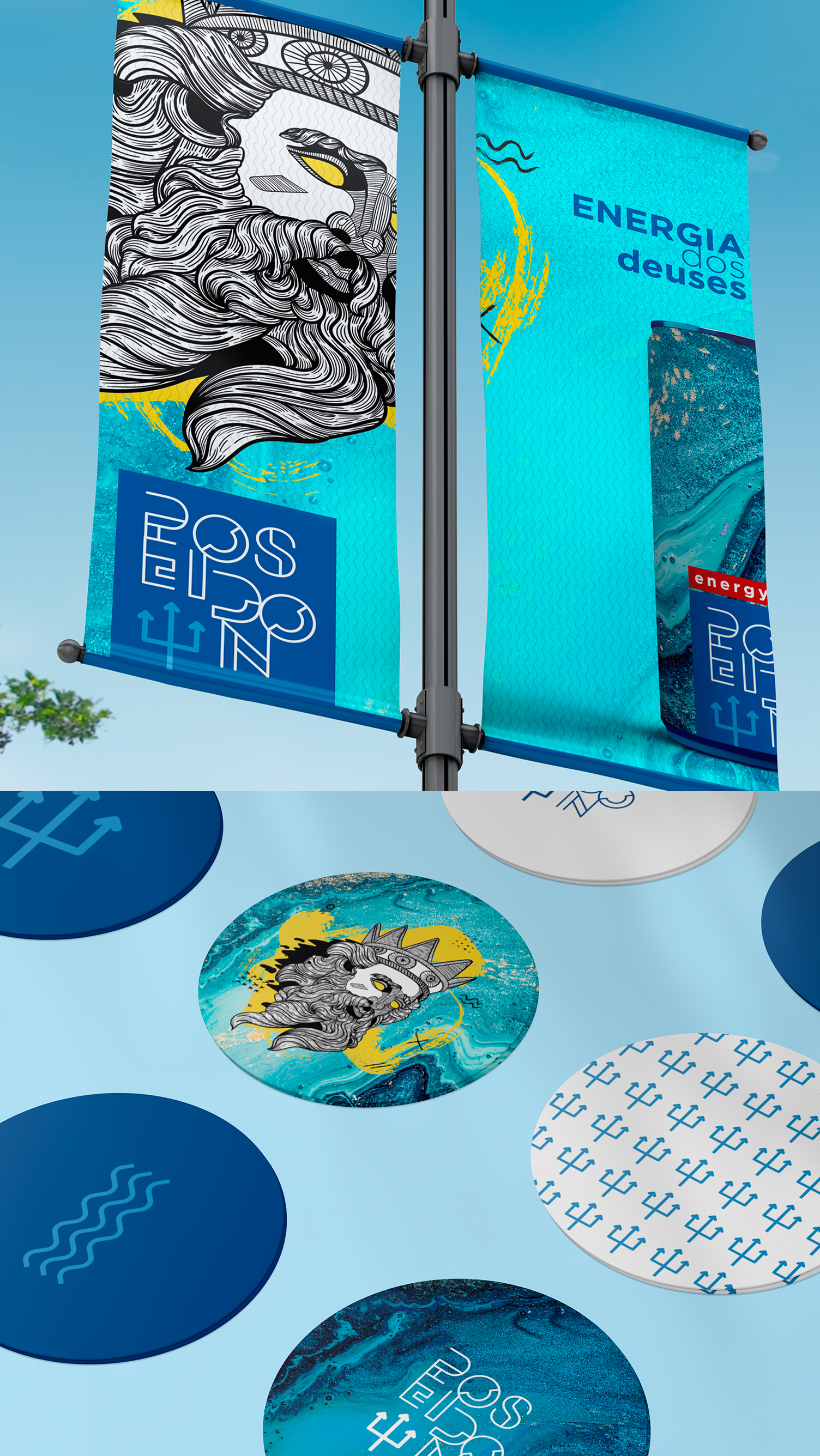 Poseidon Energy Drink A blue banner with the word energia on it is hanging from a pole.