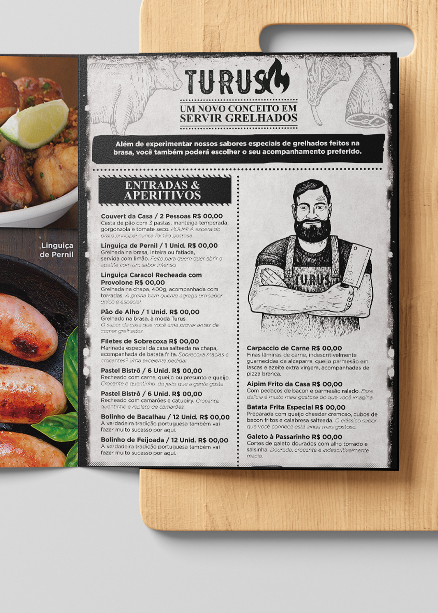Turus Um menu está sobre uma tábua de corte de madeira.