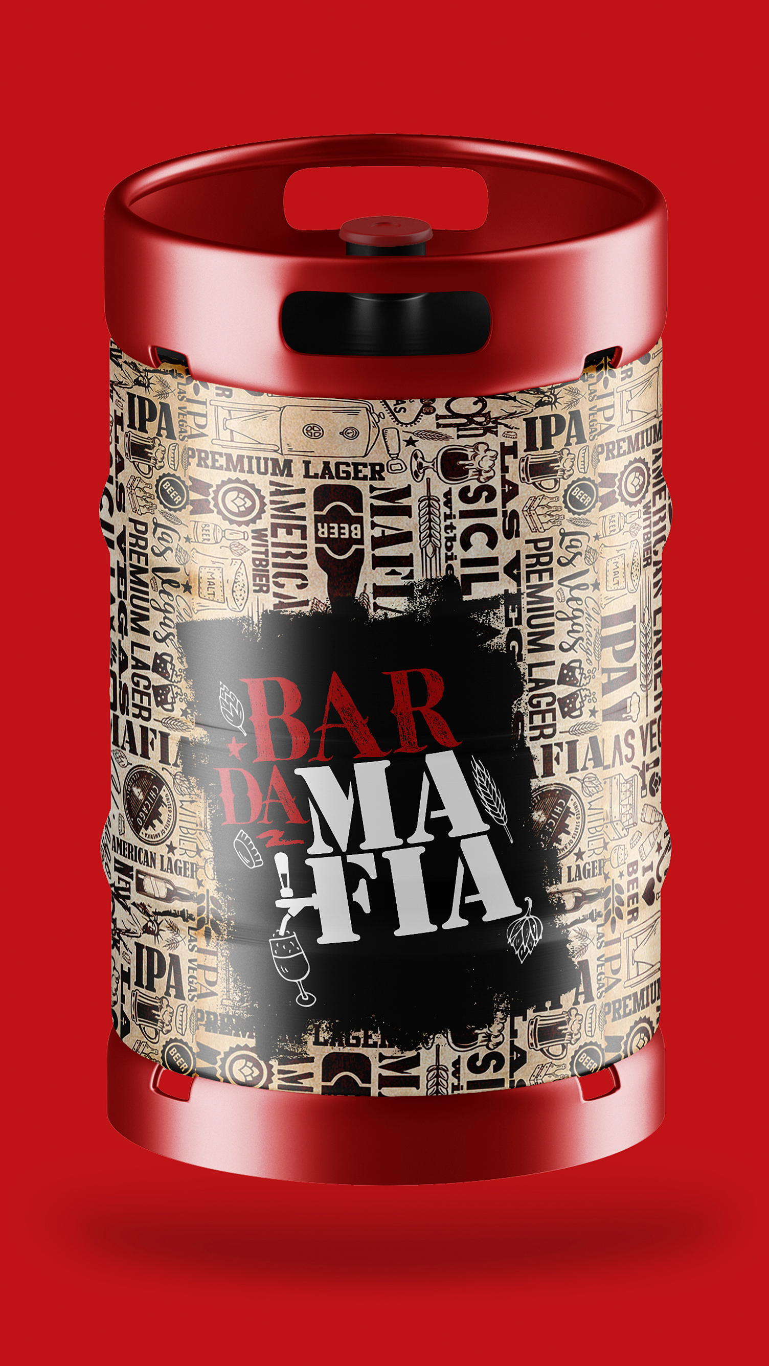 BAR DA MAFIA Um barril vermelho com uma etiqueta preta que diz bar ma fia