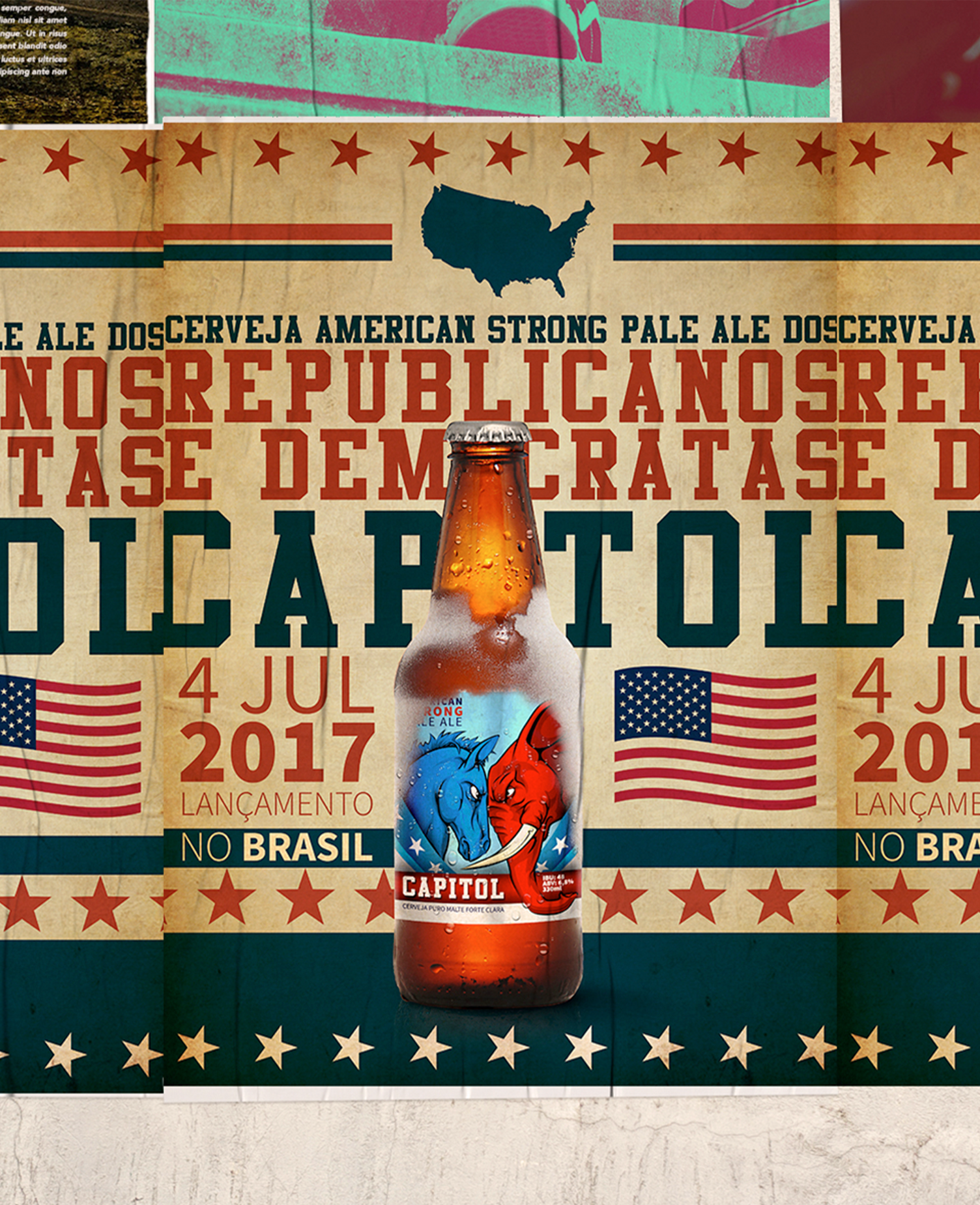 Um pôster com uma garrafa de cerveja e a data 4 de julho de 2017