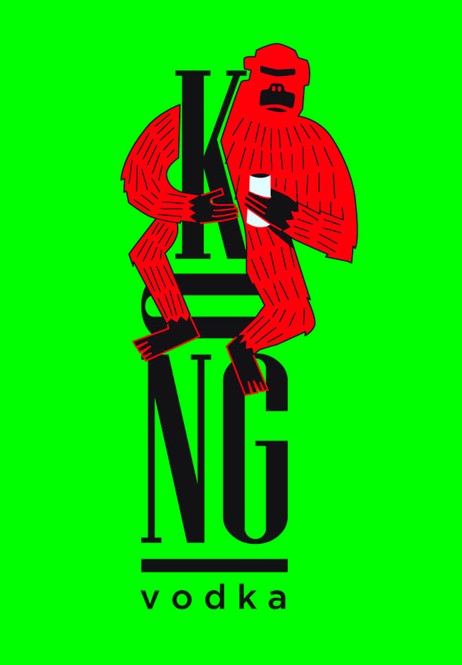KONG Vodka Um macaco vermelho está segurando um copo de vodca em um fundo verde.