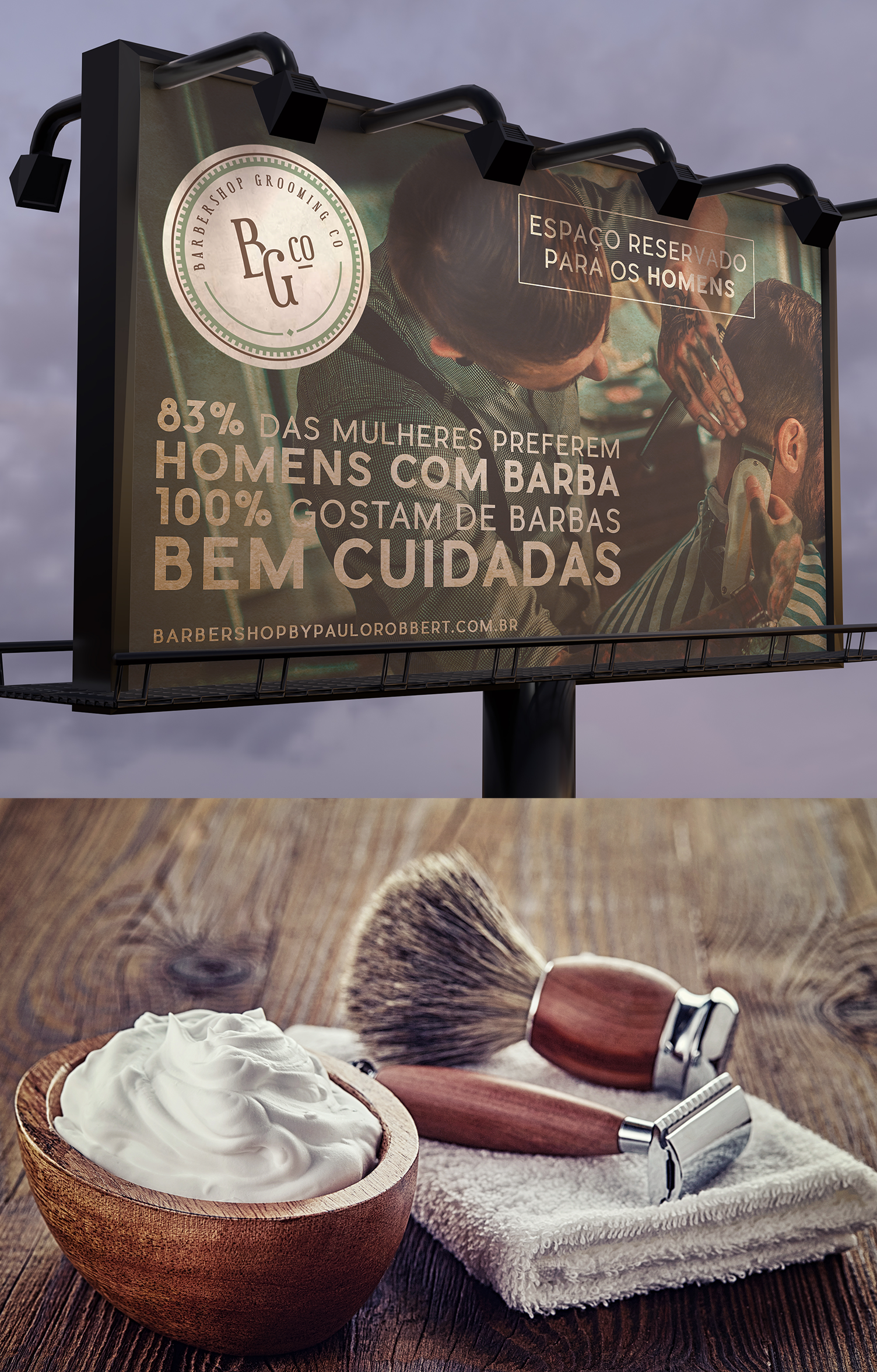 Um outdoor com a imagem de uma tigela de creme de barbear e um pincel de barbear.