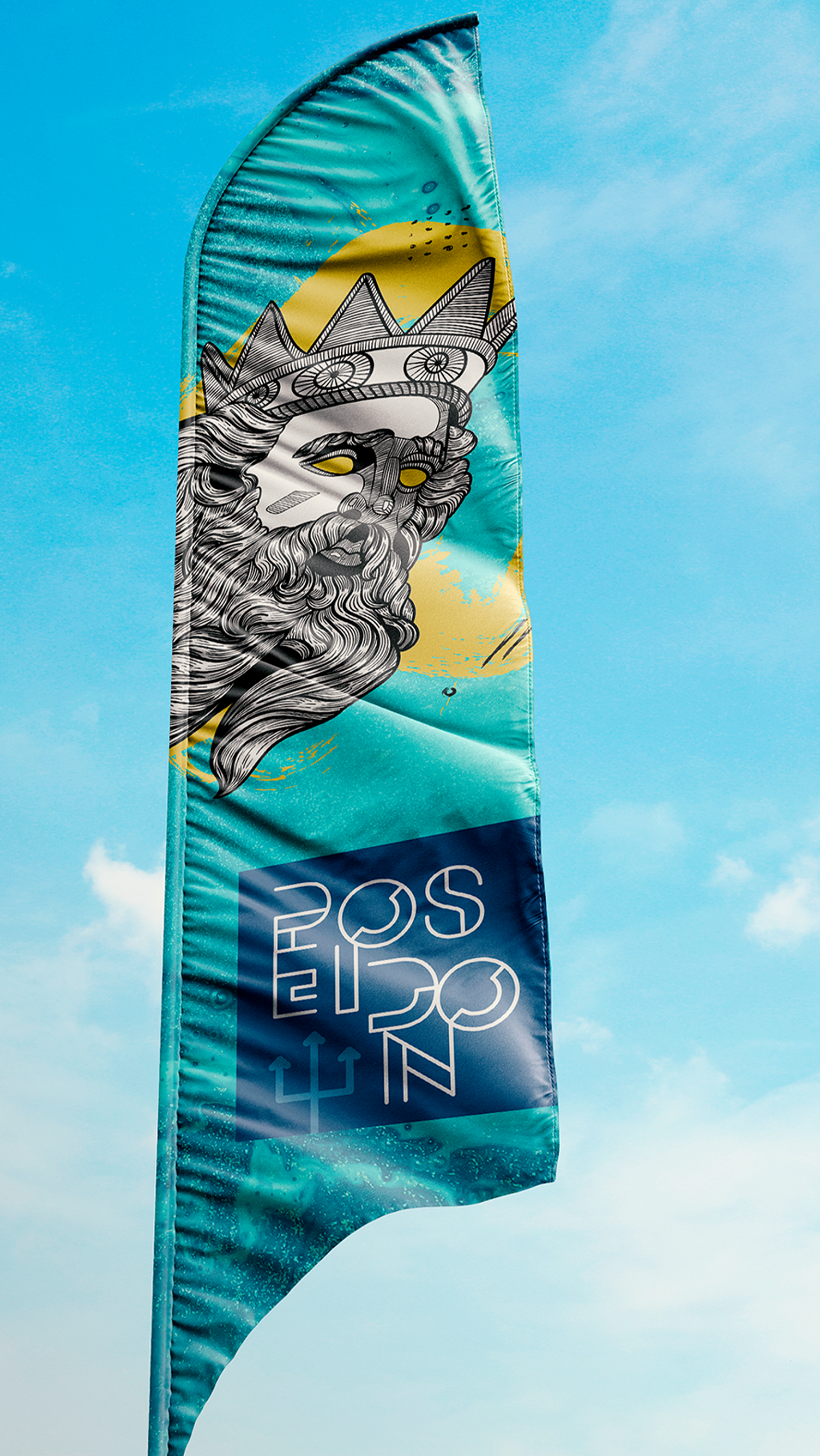 Poseidon Energy Drink A blue flag with a picture of a man on it is flying in the wind.