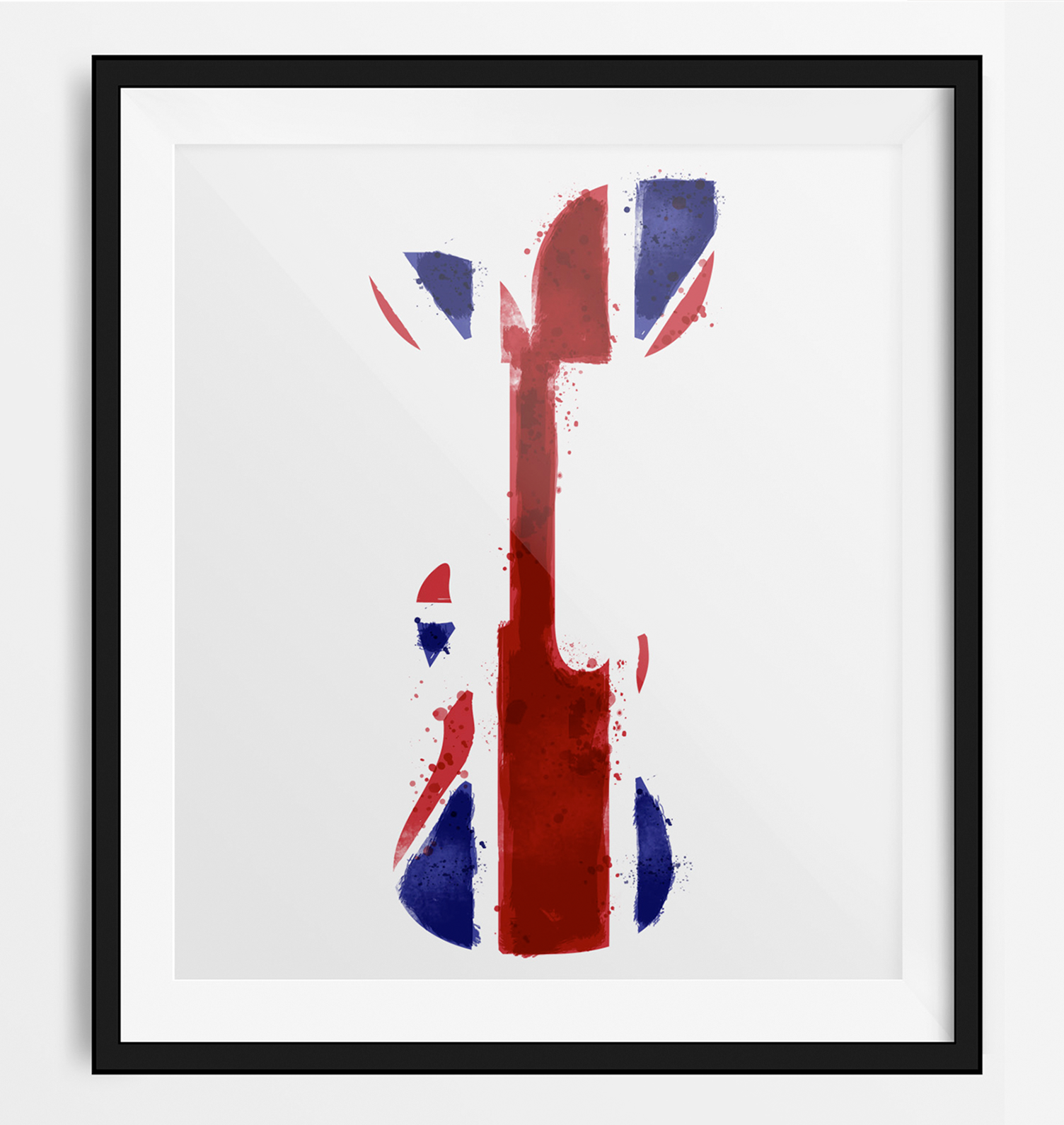 A framed picture of a guitar with the british flag on it.