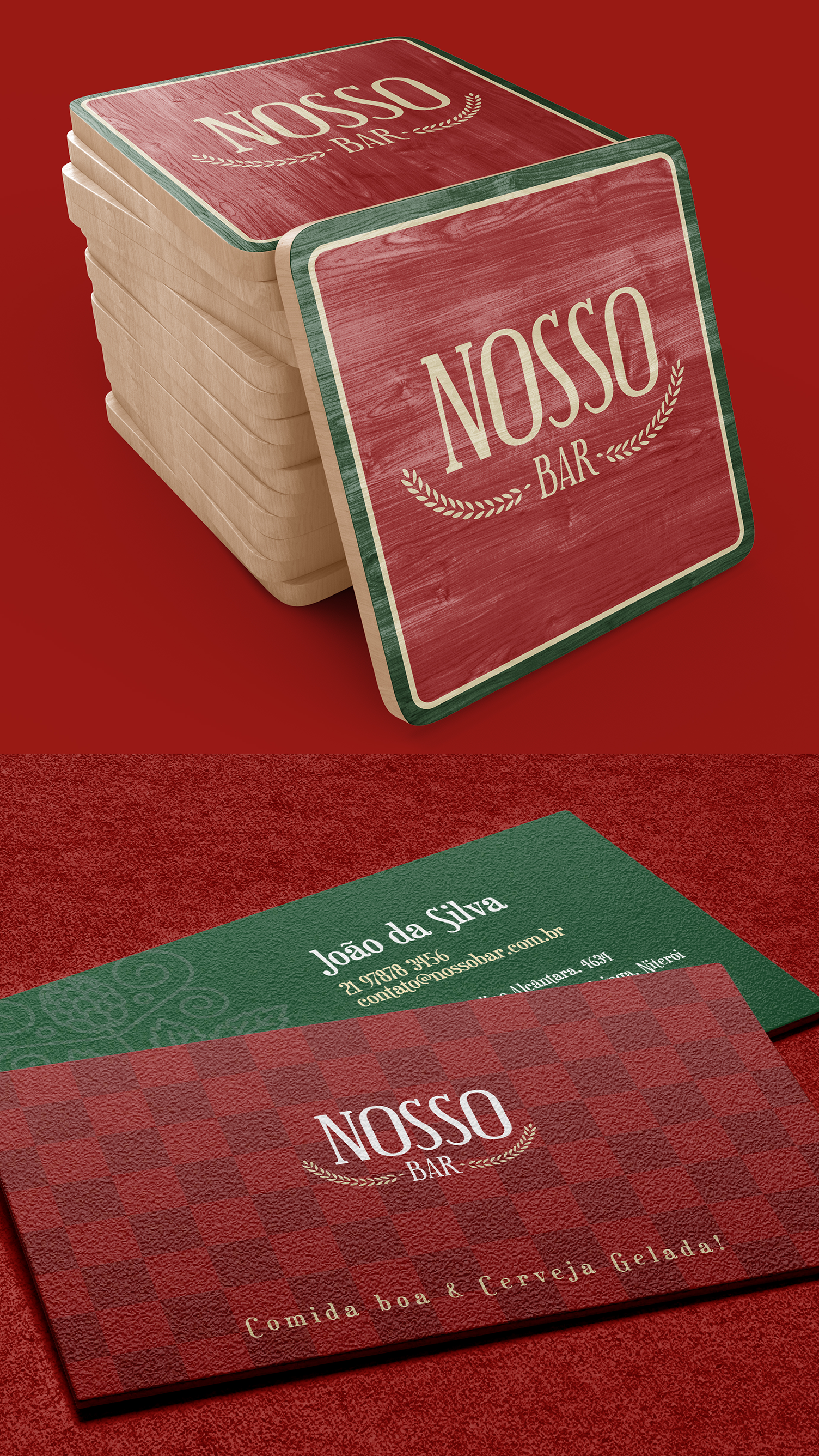 A stack of business cards sitting on top of each other on a red surface.