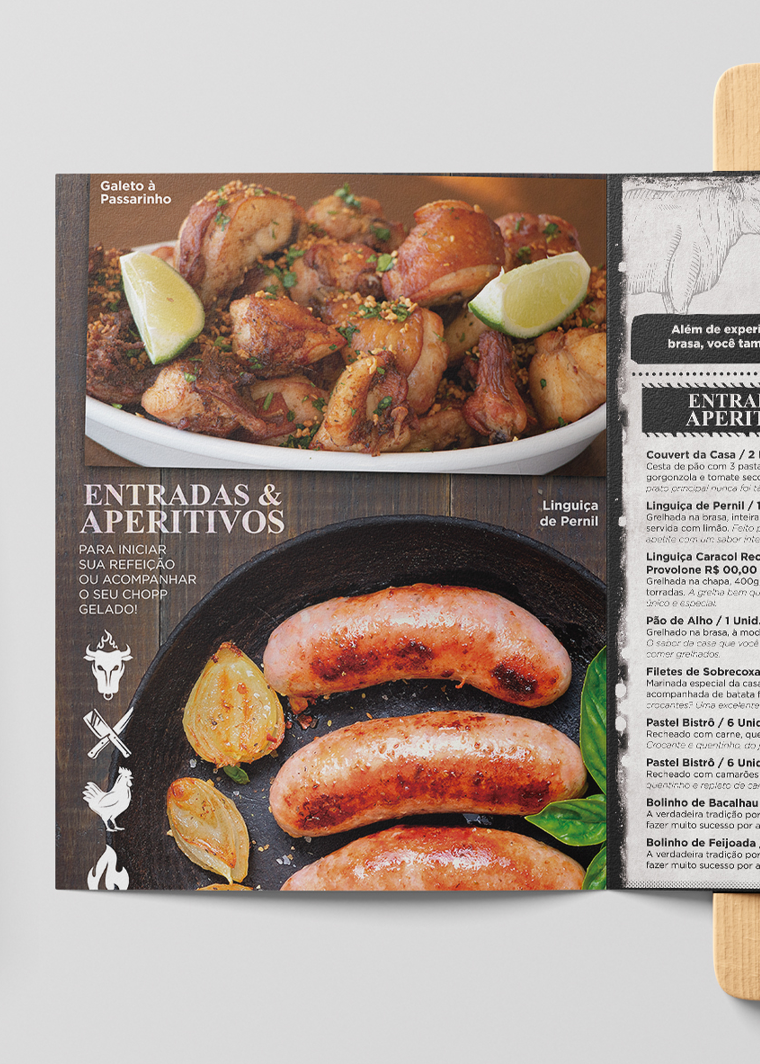 Um menu com uma foto de frango e salsichas.