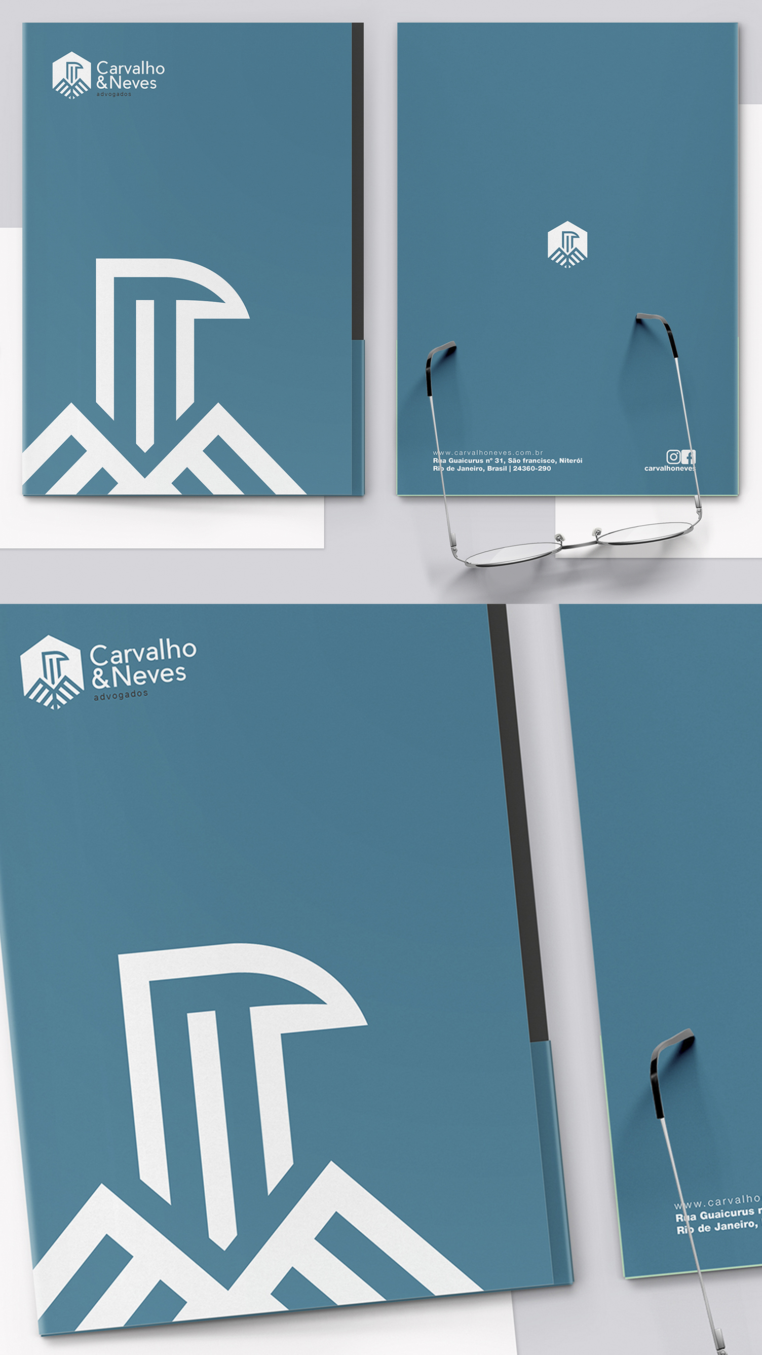 Carvalho & Neves Uma pasta azul com um logotipo branco nela