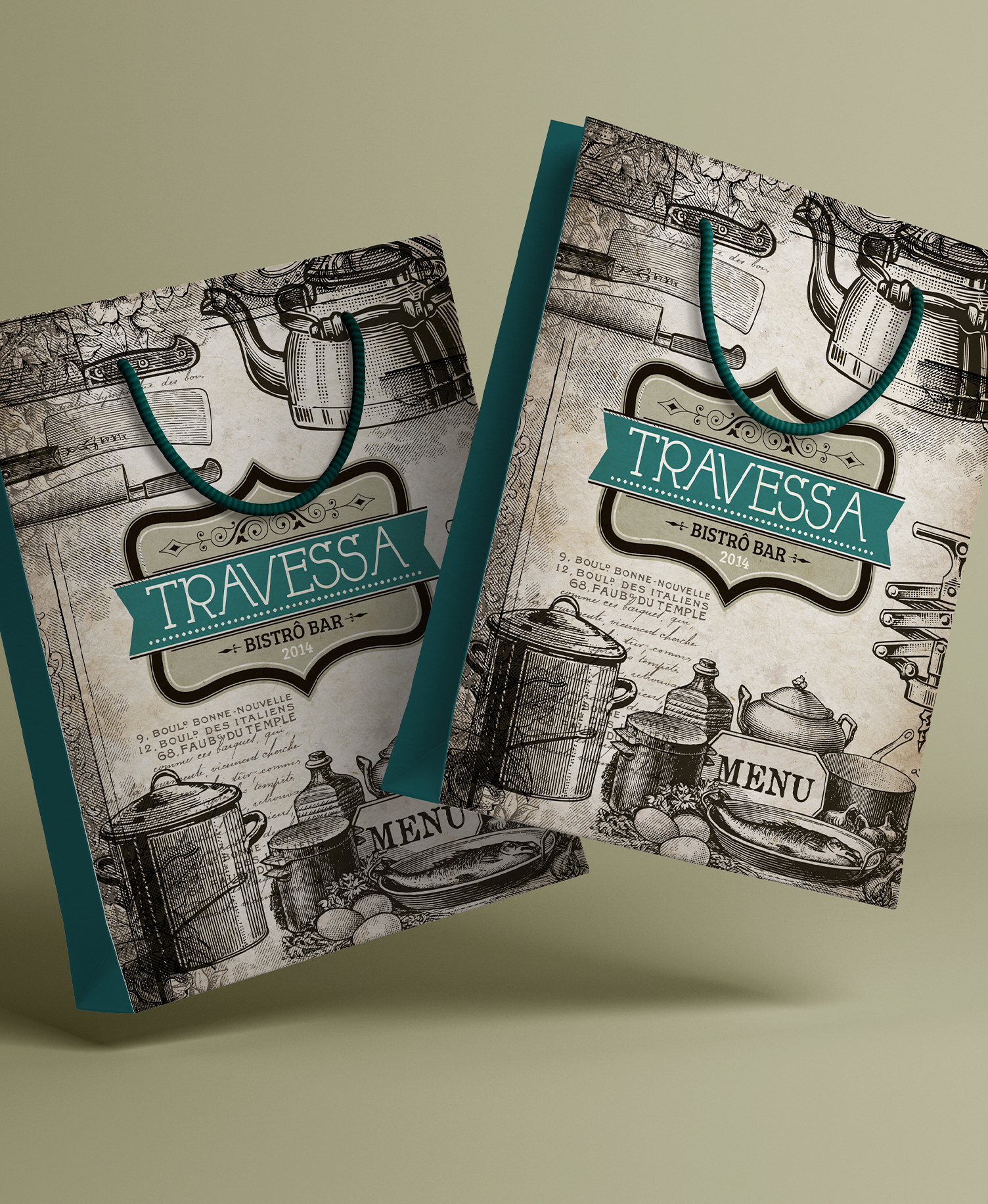 Travessa Two bags with the word travessa on them are sitting on a table.