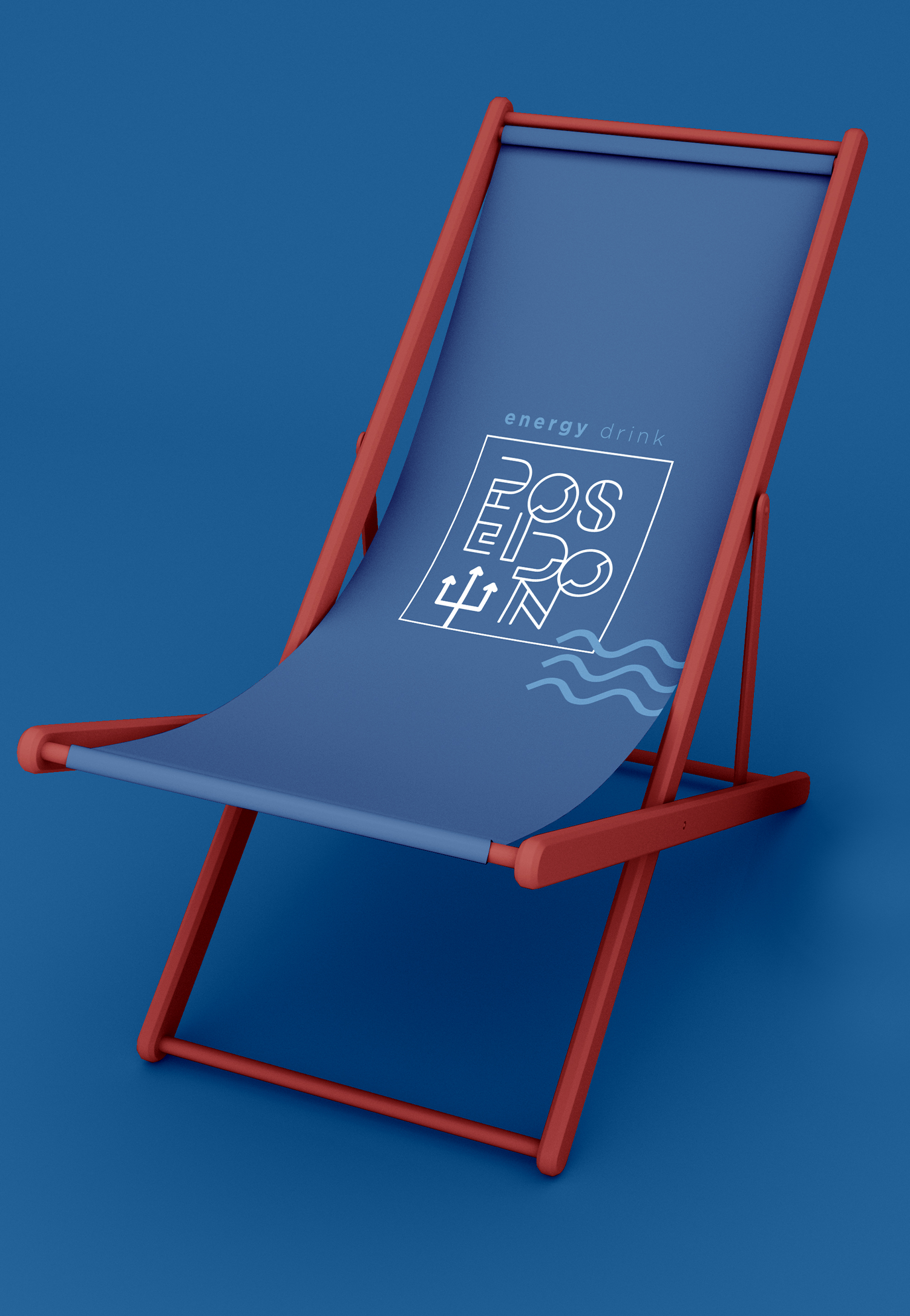 Poseidon Energy Drink A blue beach chair with a red frame on a blue background