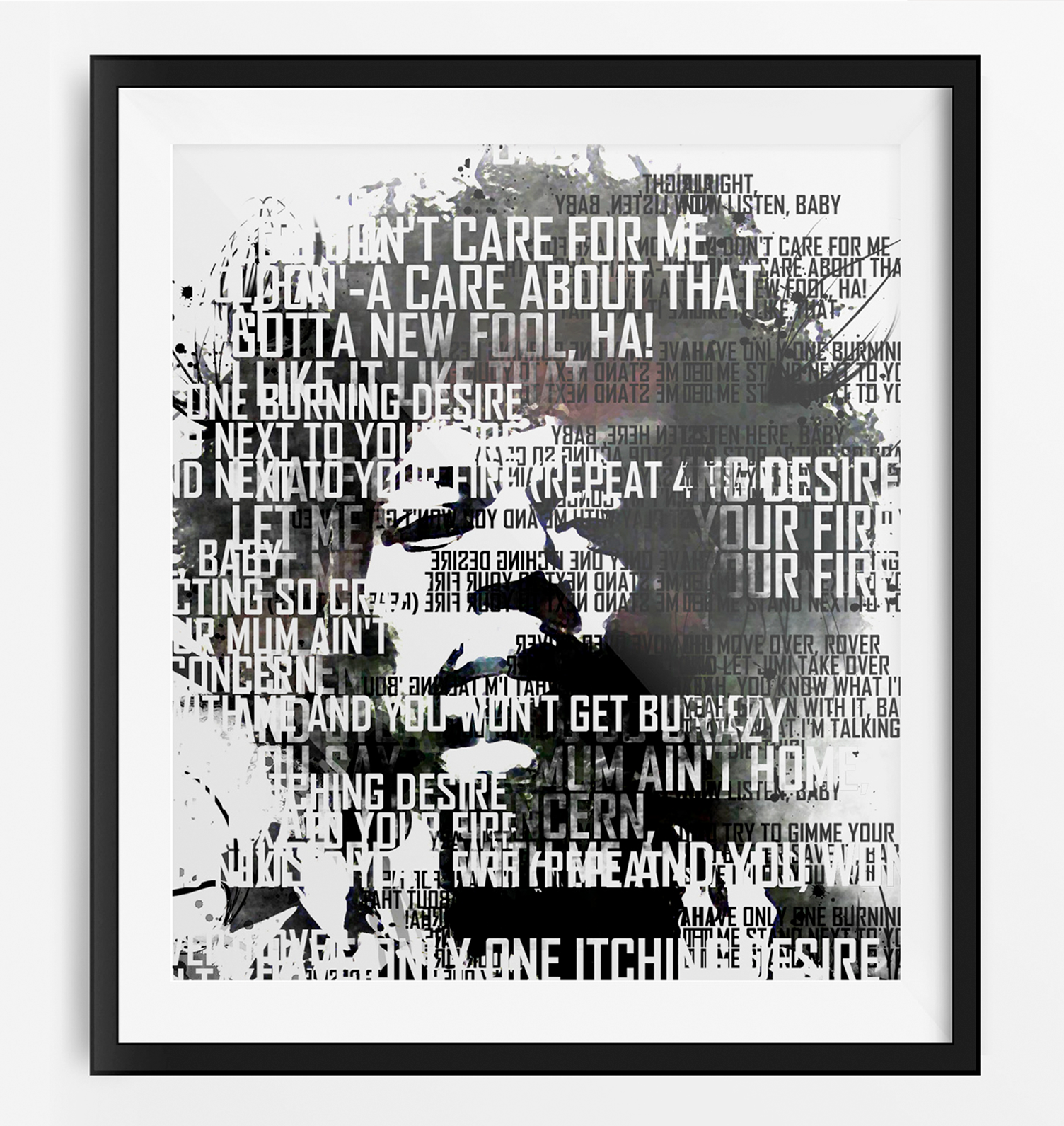 A framed poster of a man with a lot of words on it