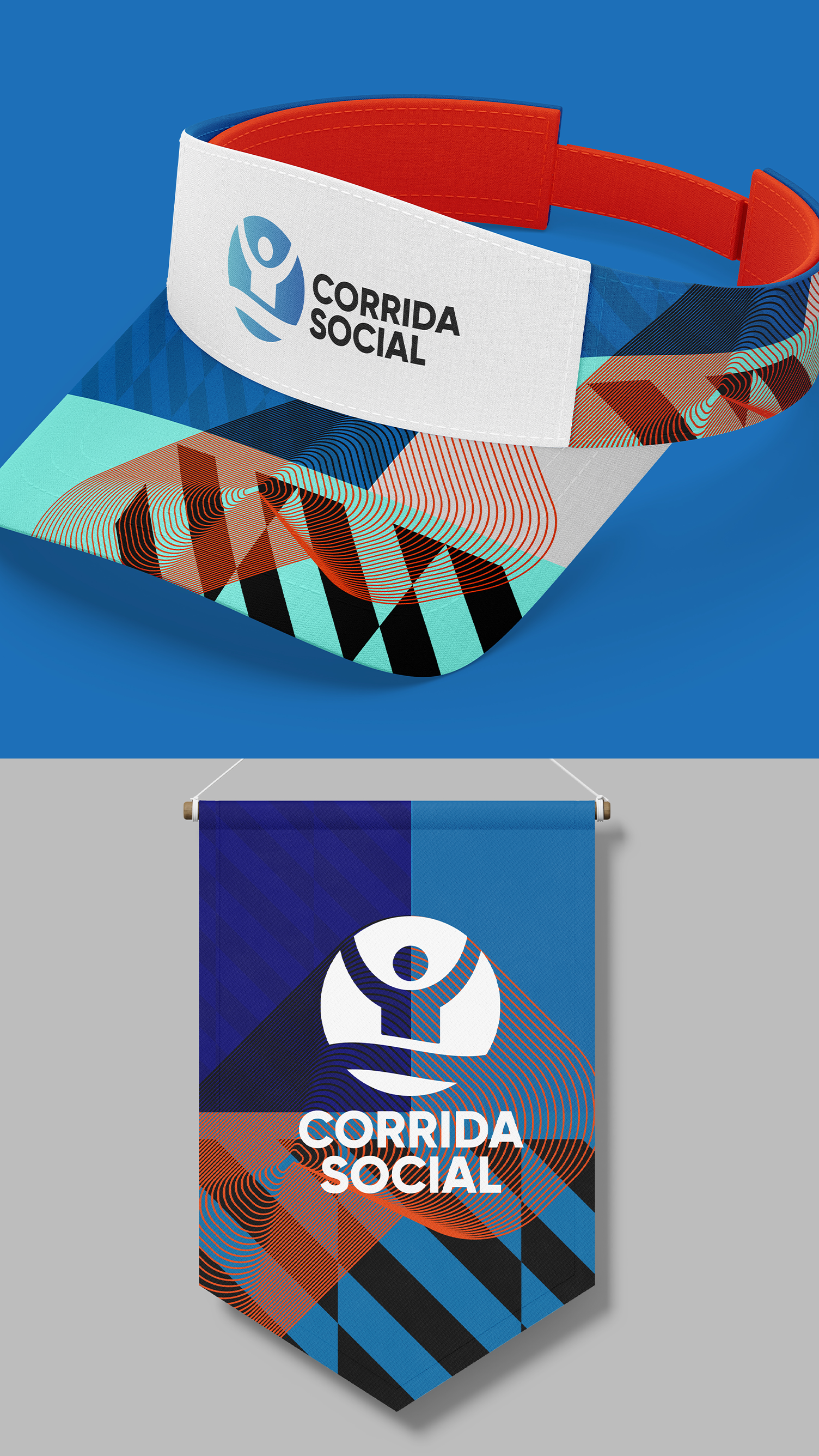 Corrida Social Uma viseira e um banner para corrida social em um fundo azul.