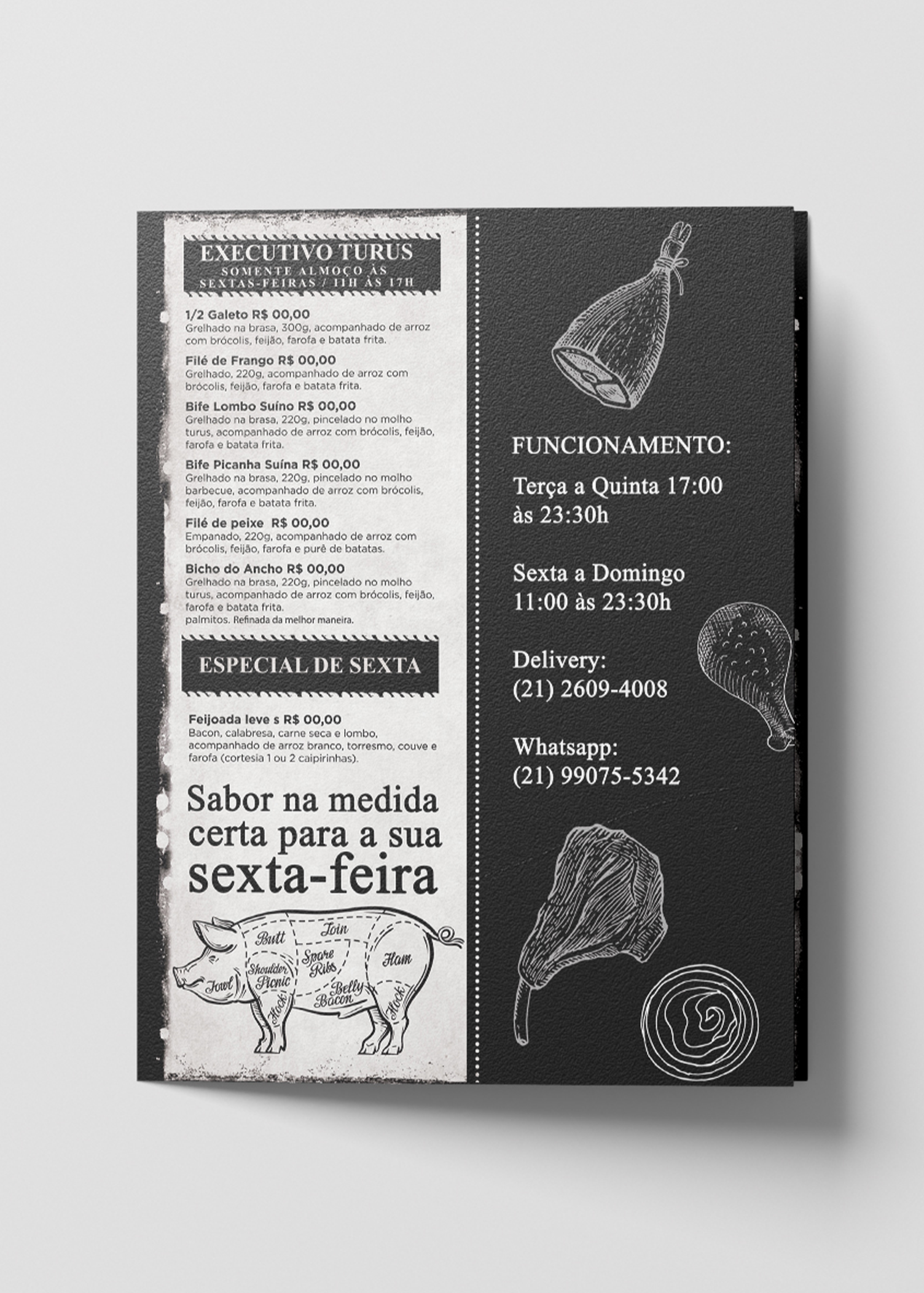 Turus Um menu em preto e branco com a imagem de um porco.