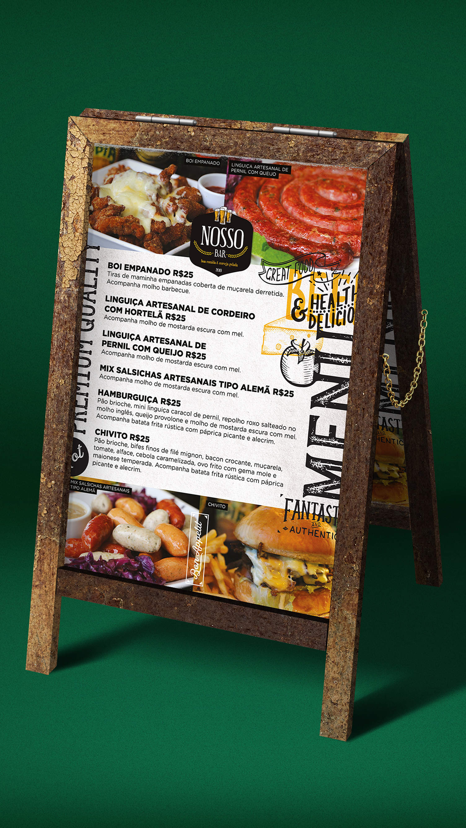 A small wooden sign with a menu on it