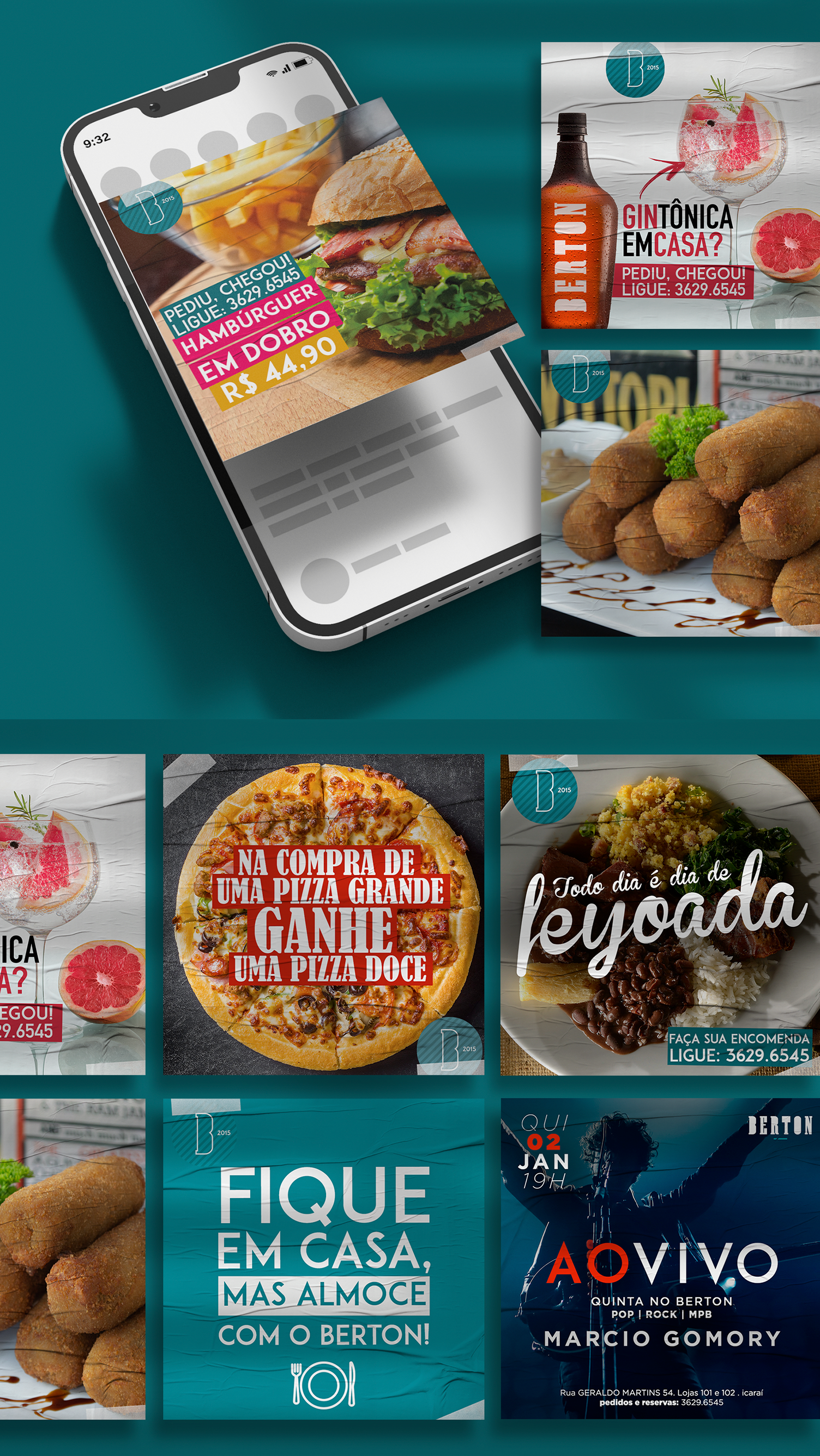 Um celular está em cima de uma mesa ao lado de uma colagem de anúncios de comida.