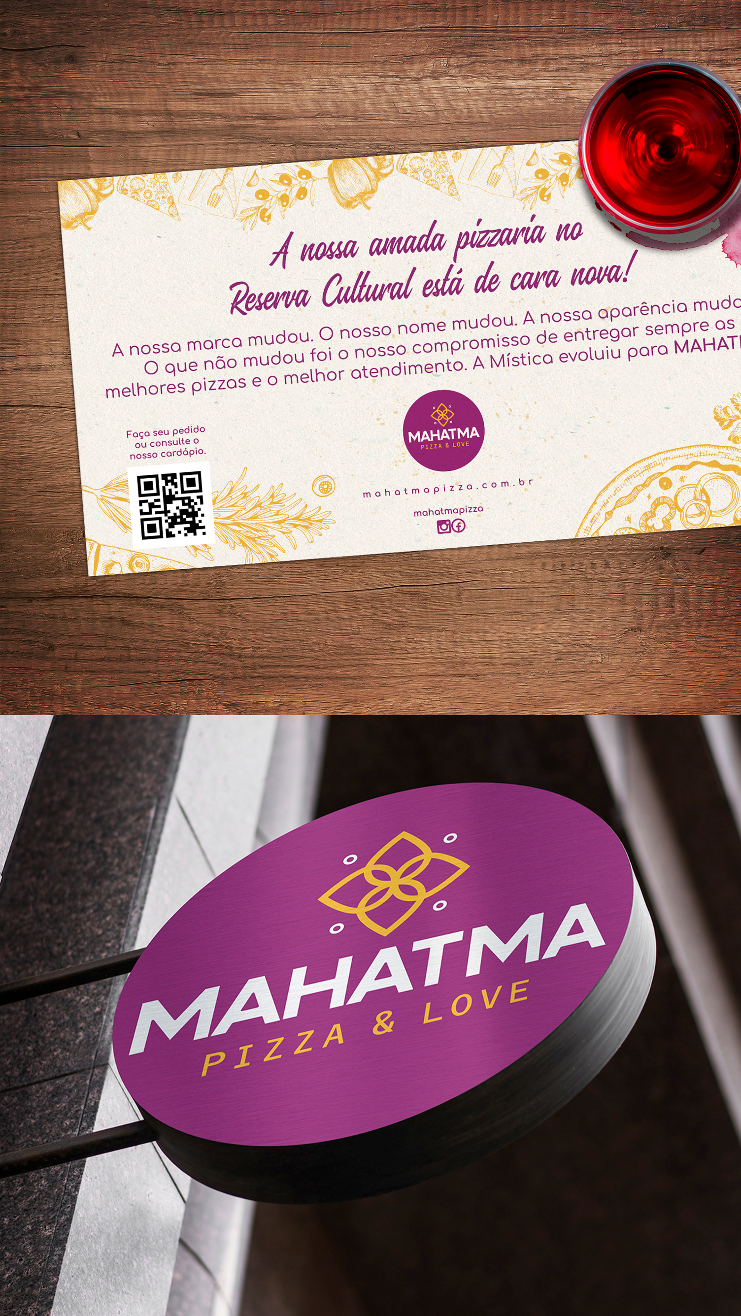 Mahatma Pizzas Uma placa roxa que diz pizza mahatma está sobre uma mesa de madeira.