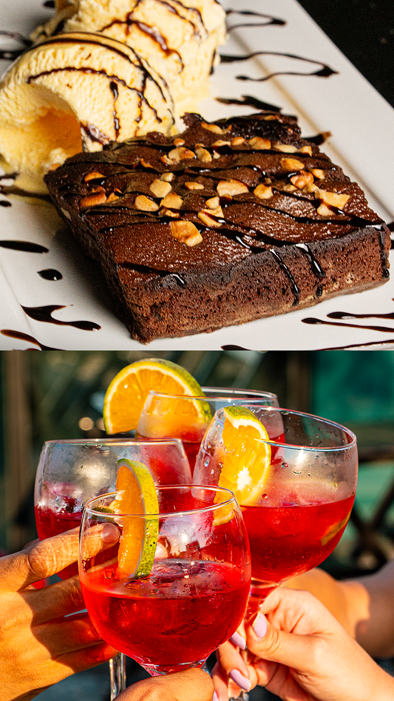 A brownie and two glasses of wine are on a table.