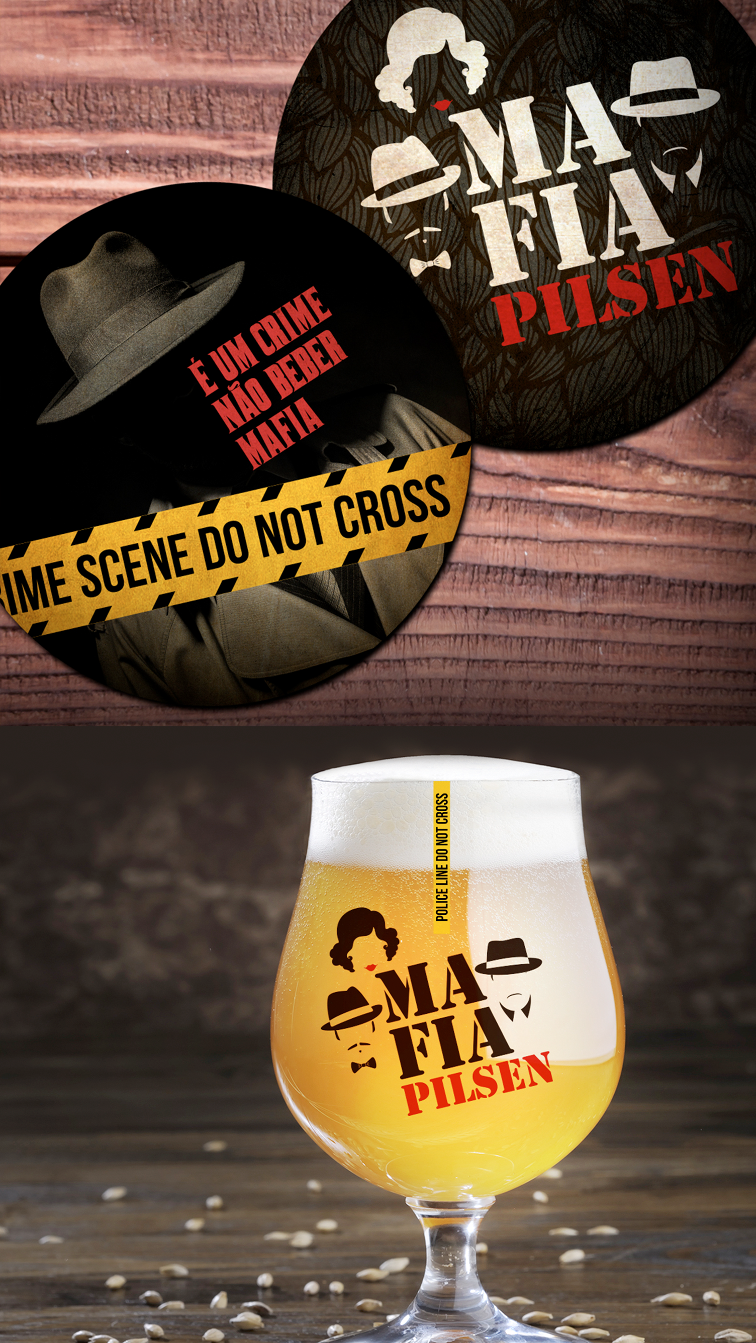 Cervejaria MAFIA Um copo de cerveja está sobre uma mesa ao lado de algumas bases para copos.