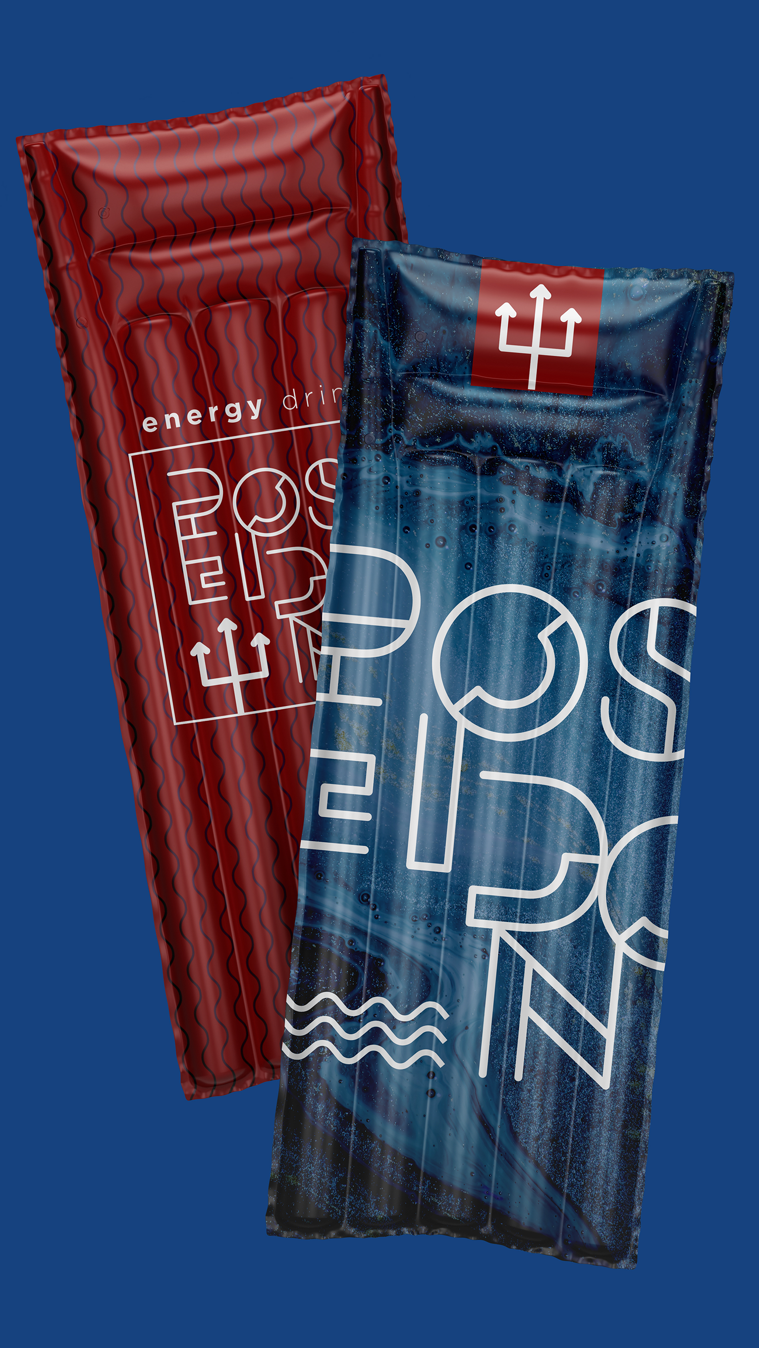 Poseidon Energy Drink Two inflatable rafts are sitting next to each other on a blue surface.