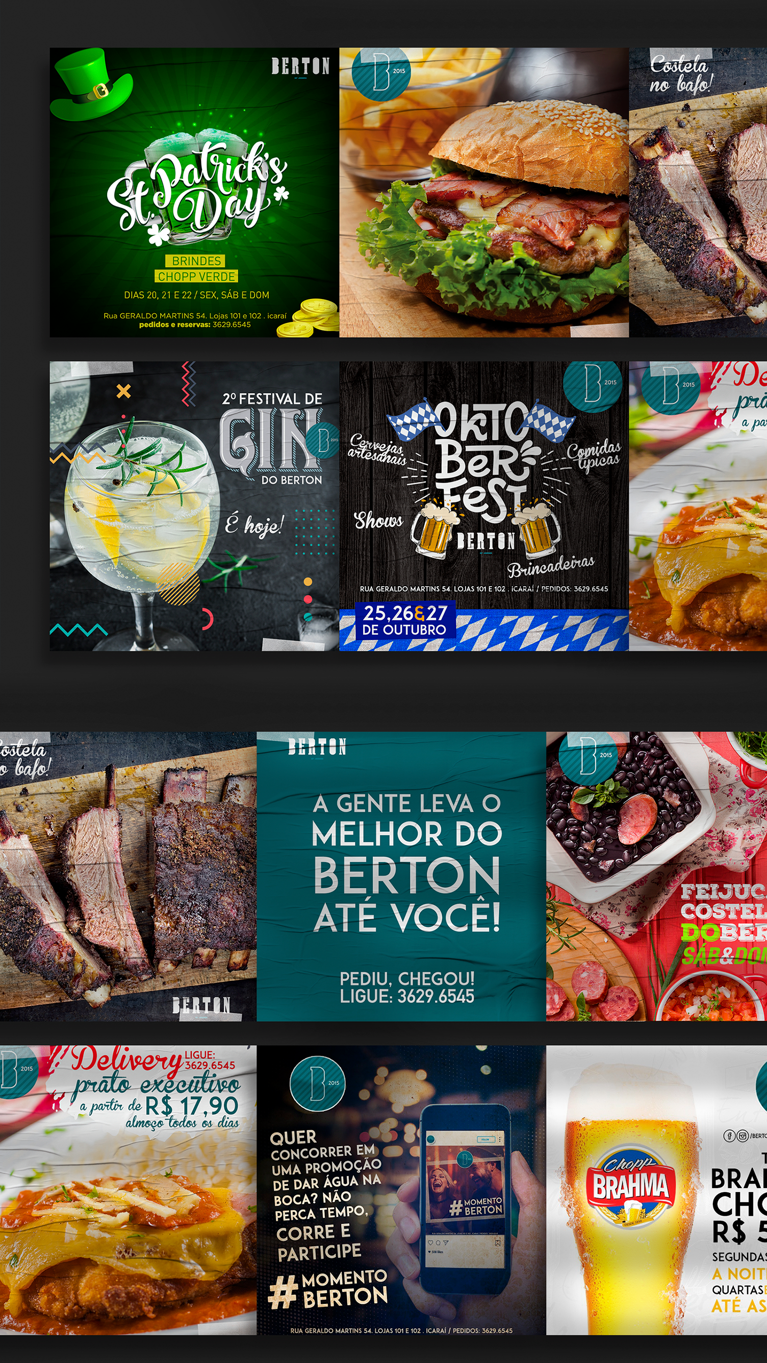 Uma colagem de fotos de comidas e bebidas em um fundo preto.