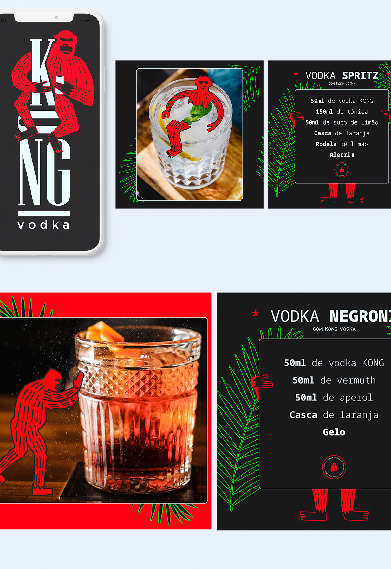 KONG Vodka Uma colagem de fotos de bebidas e um celular.