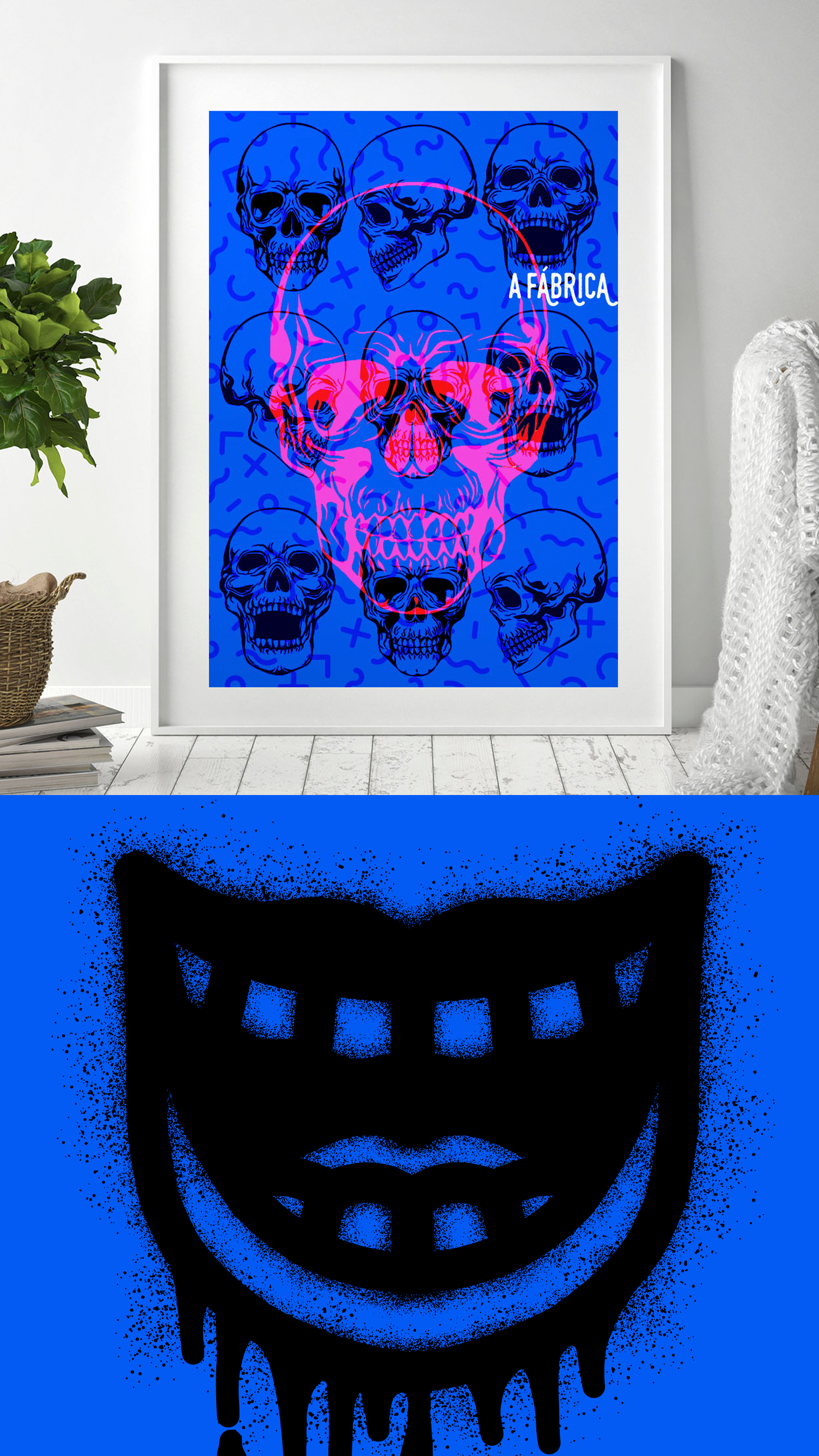 Um pôster de caveira azul e rosa está pendurado na parede de uma sala de estar.