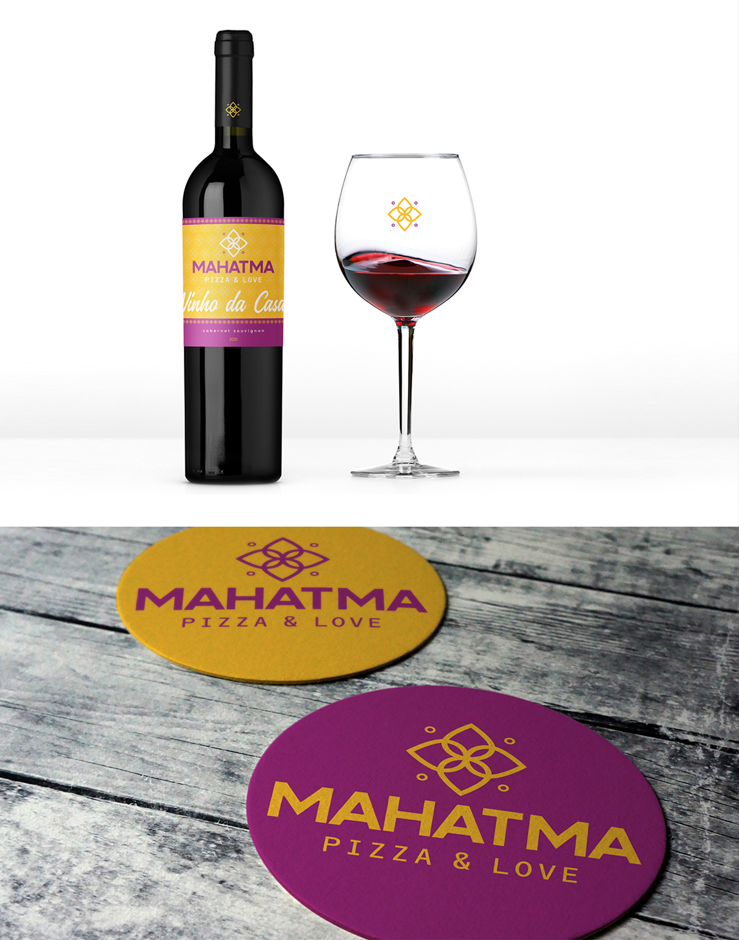 Mahatma Pizzas Uma garrafa de vinho e uma taça de vinho estão em uma pizza mahatma e uma montanha-russa de amor